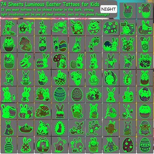 Miniatura 2 de CHARLENT Tatuajes temporales de Pascua que brillan en la oscuridad para suministros de fiesta de niños, 74 hojas individuales, tatuajes luminosos de
