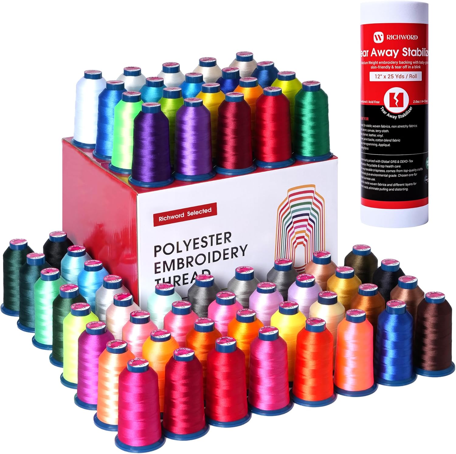 Richword Selected Embroidery Machine Thread 60 Colors 40WT (108D/2) Polyester Thread Kit+Tear Away Embroidery Stabilizer Backing 12" x 25 Yard roll, 2.0 Oz Medium Weight