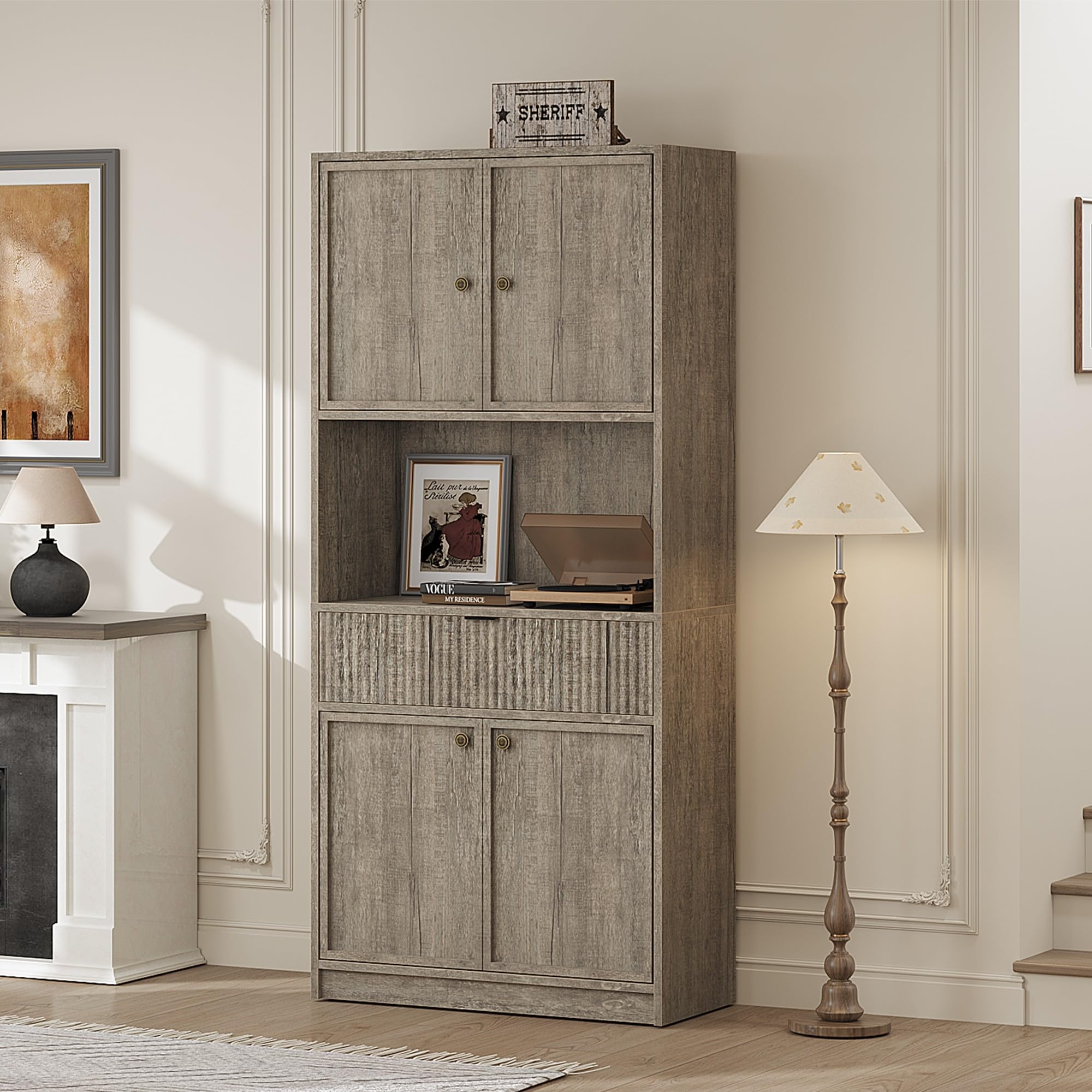 Condition photo showing New/Like New for IDEALHOUSE Tall Storage Cabinet, 70" Kitchen Pantry Cabinet with Doors, Fluted Kitchen Hutch Cupboard with Microwave Shelf & Drawer, Freestanding Cupboard for Dining Room, Living Room, Gray