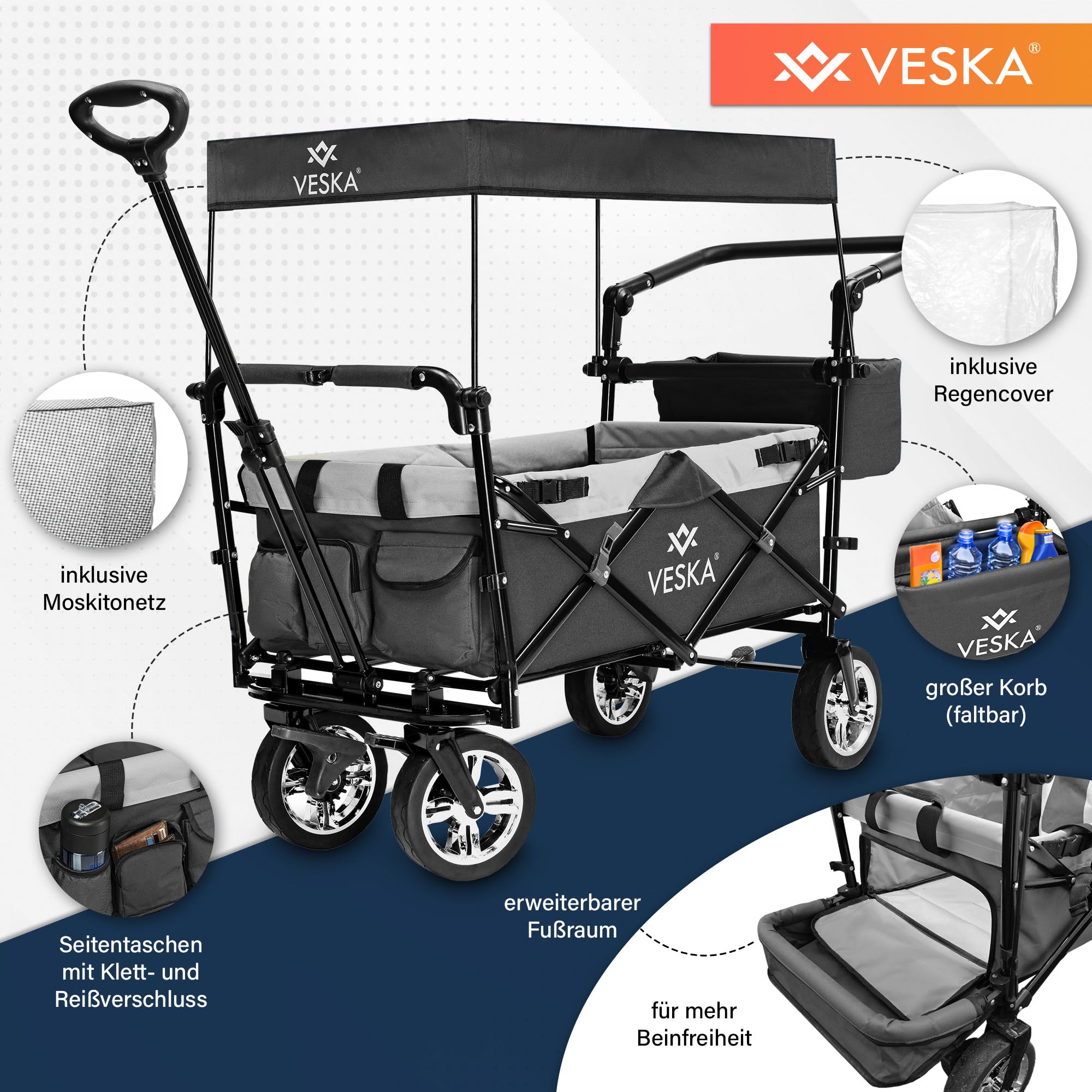 Bollerwagen faltbar mit Dach, Moskitonetz, Regencover, Handwagen Transportwagen | 2 Sitzer, Gurtsystem | klappbar | Vollgummi-Reifen | bis 80 kg | Vorder- und Hinter-Bremse + Tragetasche (anthrazit)