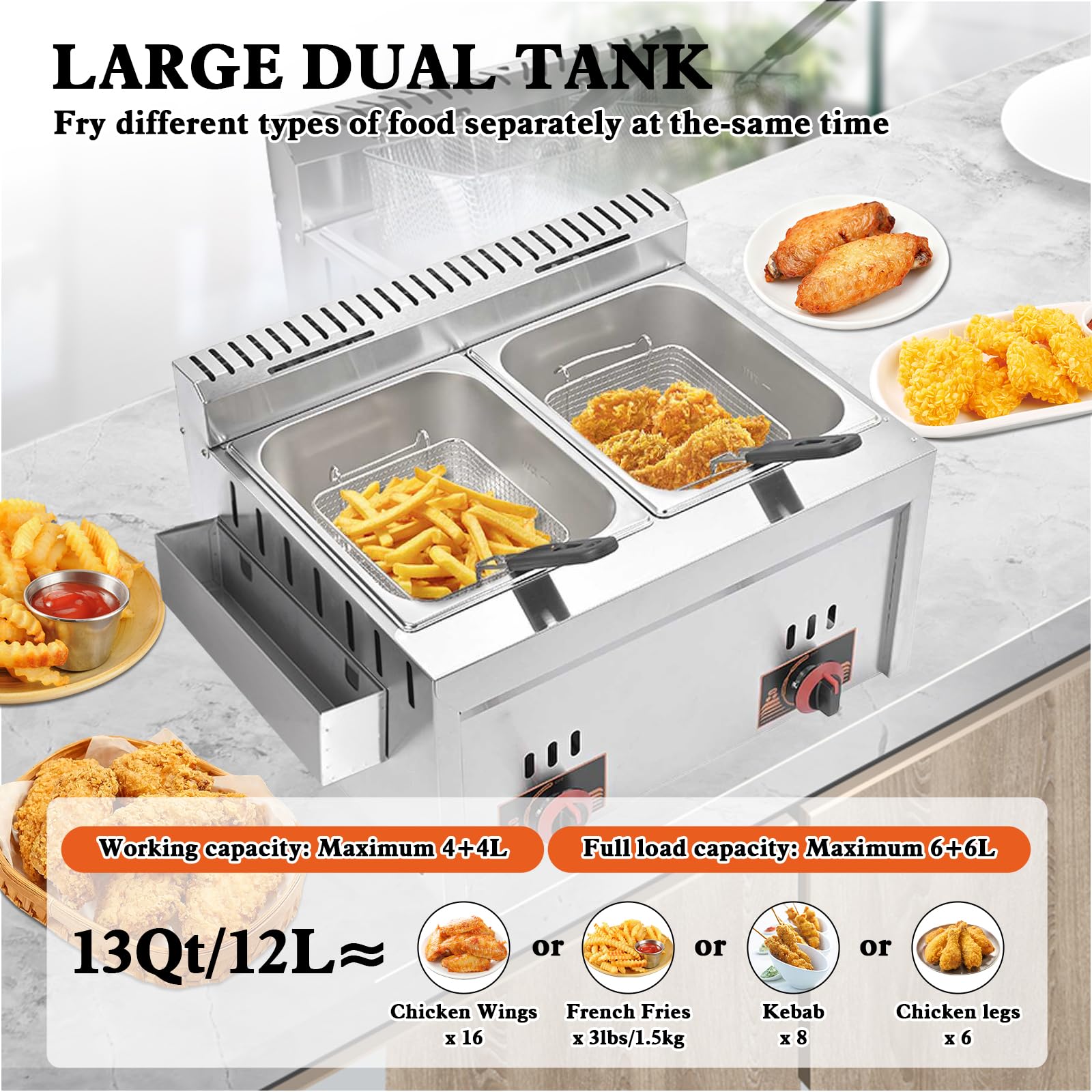 Friggitrice a Gas Commerciale, Doppia Friggitrice a Gas 6L+6L con 2 Cestelli e 2 Coperchi, Temperatura Regolabile, Riscaldamento Rapido per Uso Commerciale e Domestico, Ristoranti e Snack Bar