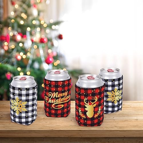 Miniatura 7 de Whaline 12 fundas para latas de Navidad, papel de aluminio dorado, renos a cuadros, fundas de copo de nieve, 12 onzas, reutilizables, de neopreno,
