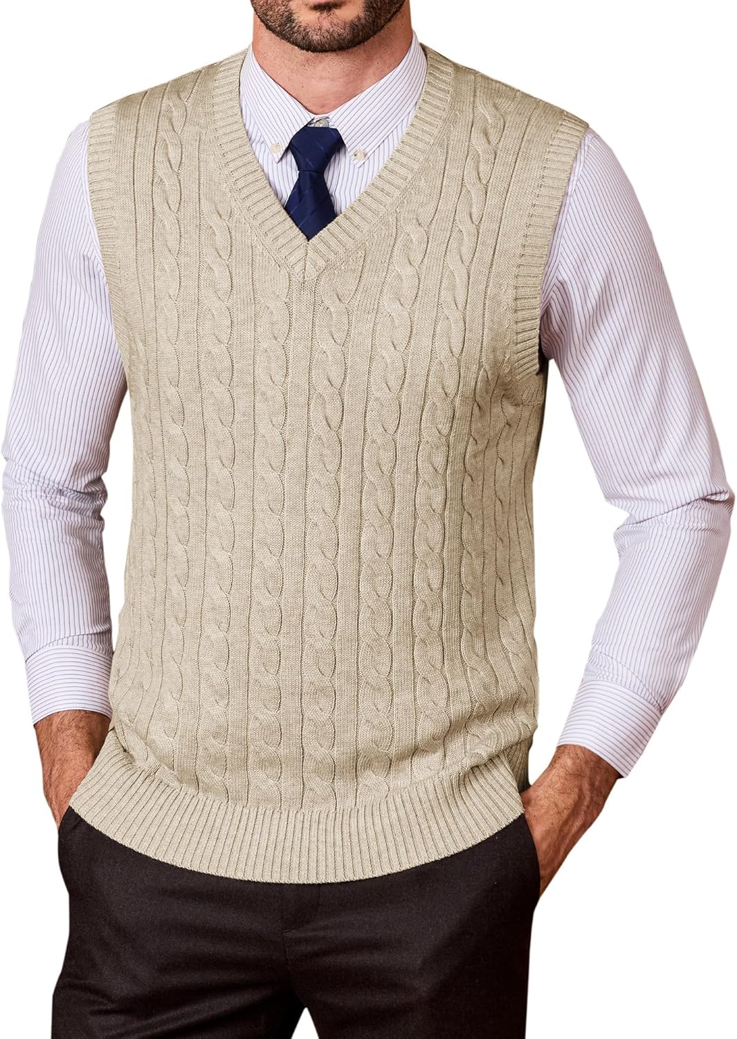 Kallspin Mens Sweater Vest Wool Blend Cable Knit V Neck Sleeveless Pullover Casual Bussiness Knitwear