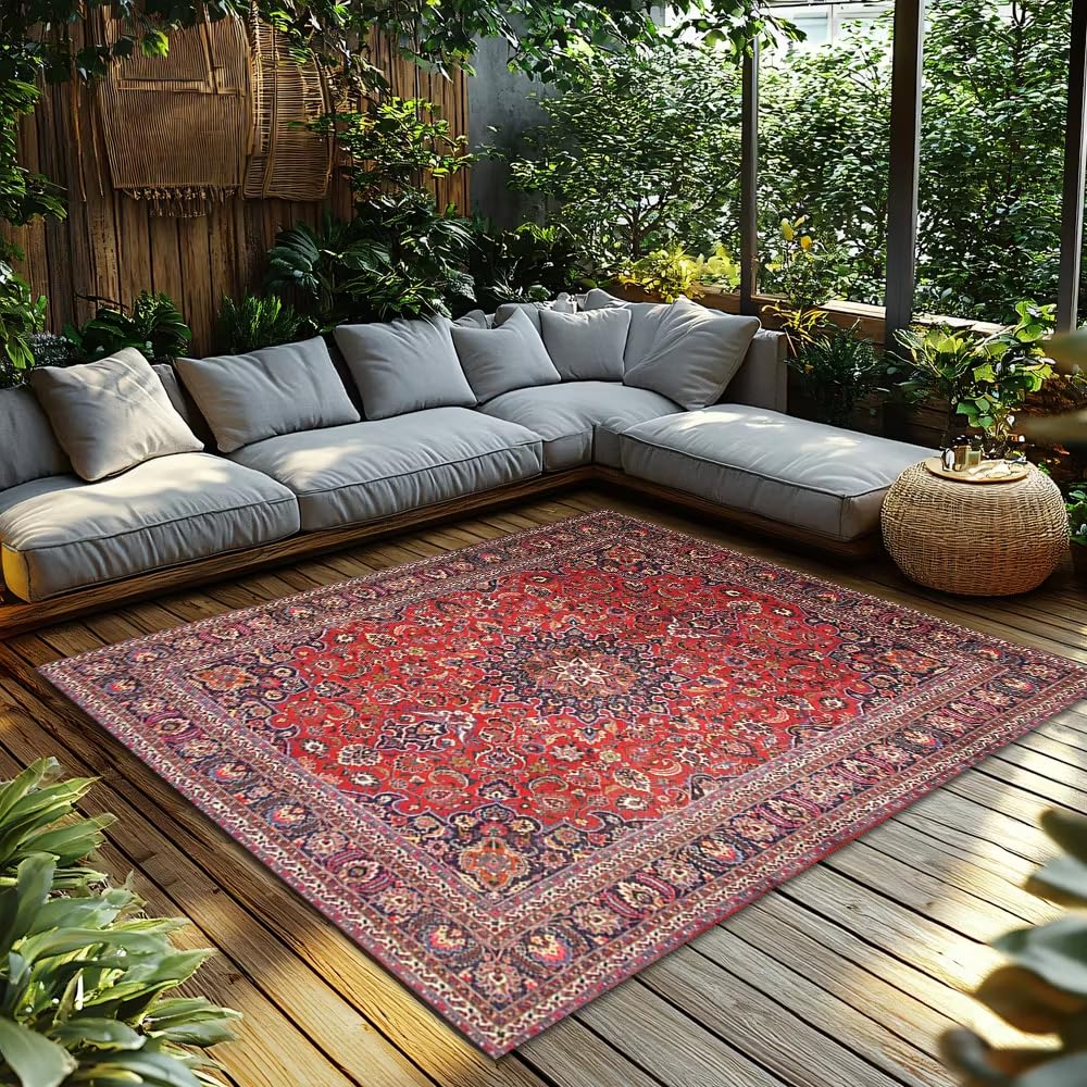Tapis de salon bleu à motifs fleurs abstraites style bohème
