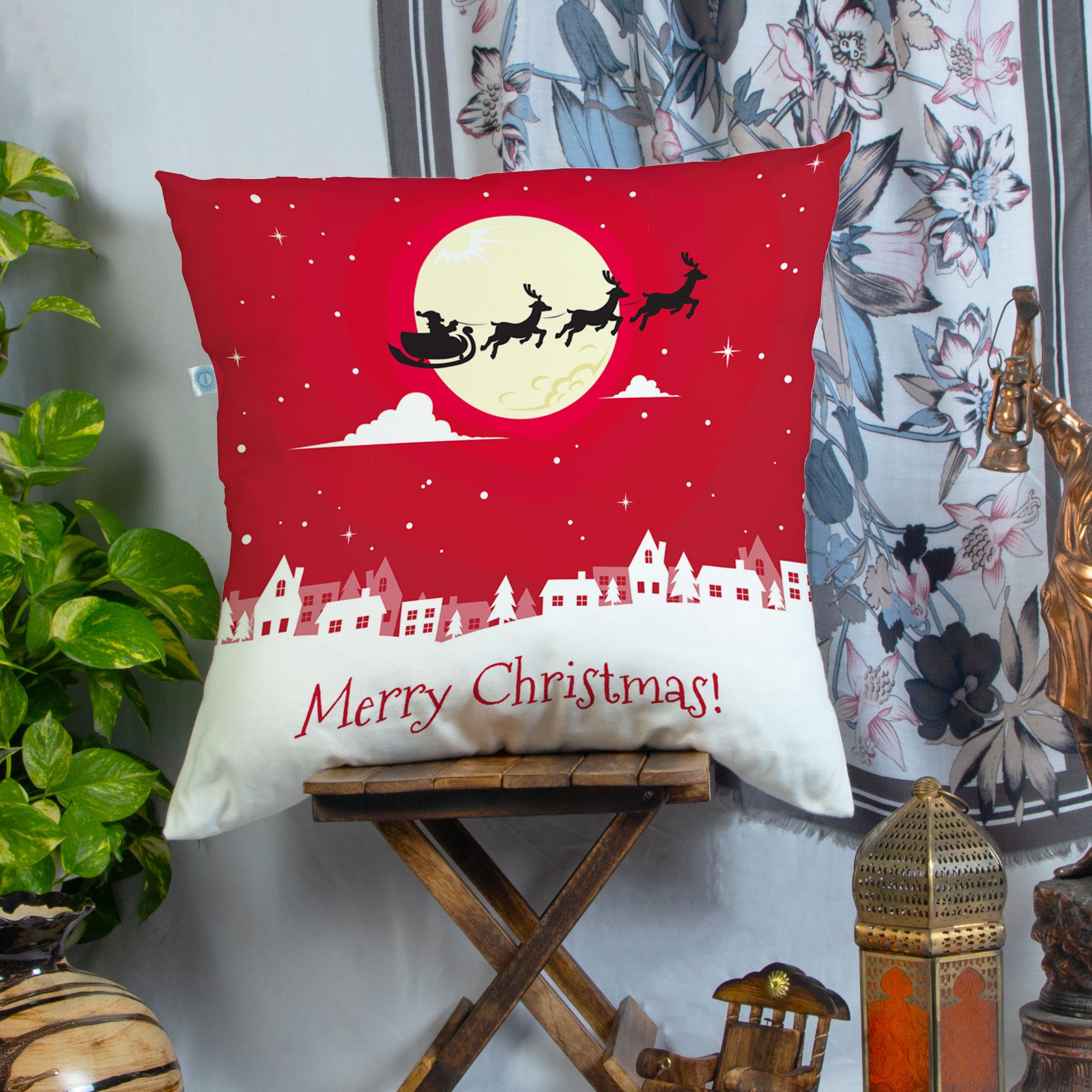 BRICK HOME Merry Christmas Printed Cotton Canvas Cushion Cover Pack of 1 (16x16 Inches)