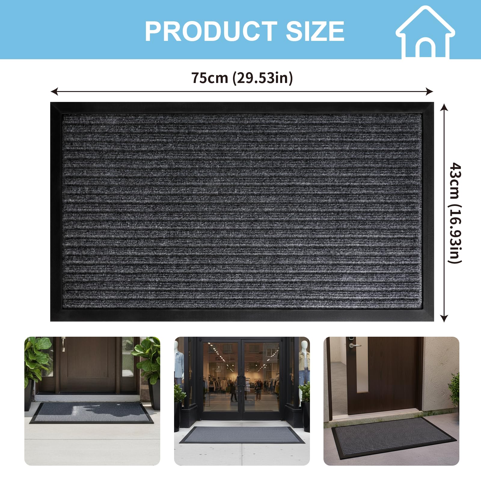 Cozary Zerbino per esterni, 43 x 75 cm, lavabile, estremamente antiscivolo e durevole, per ingresso, porta di casa, patio, corridoio, giardino (grigio)