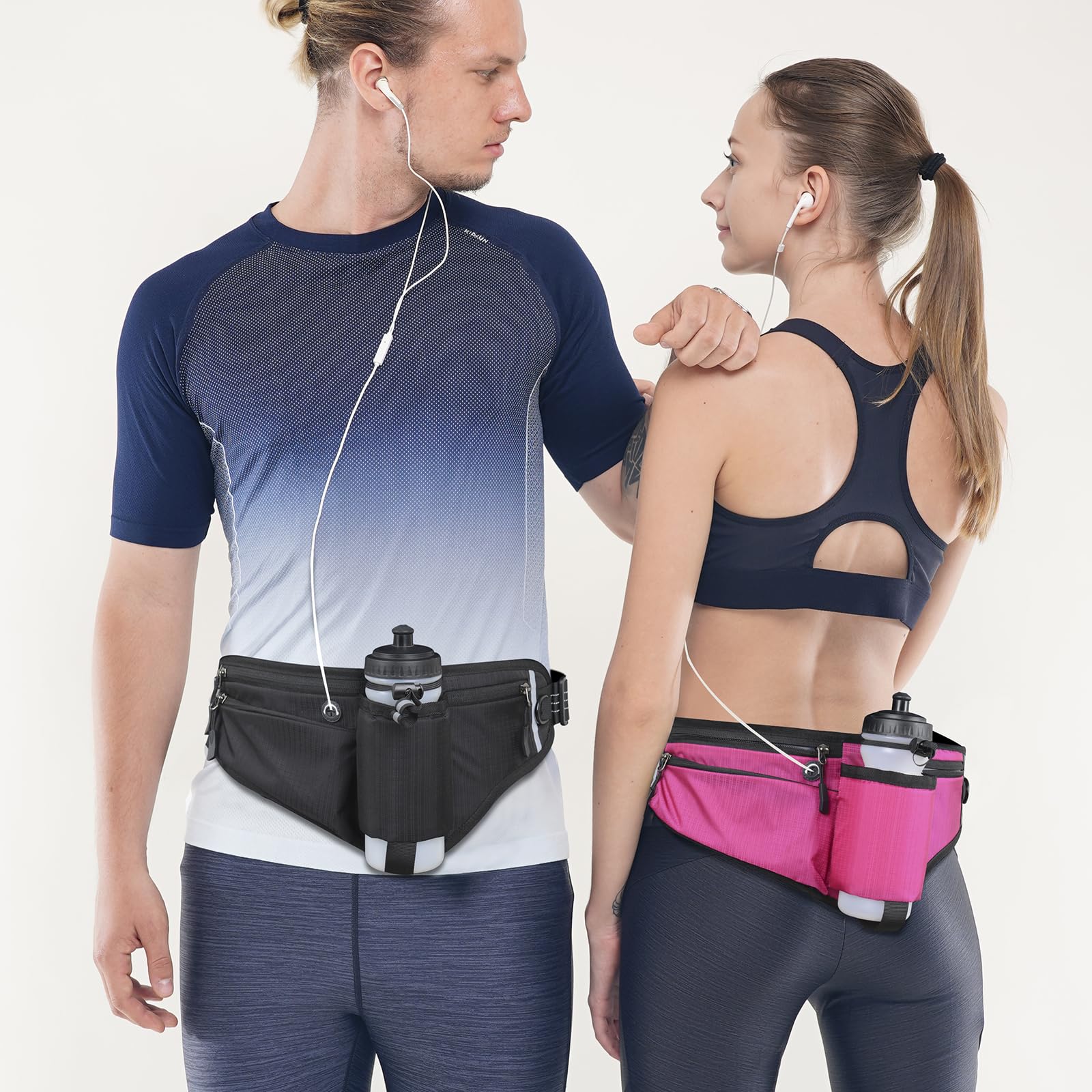 Sac banane de course réglable avec porte-bouteille pliable (bouteilles non incluses), pochette résistante à l'eau, pour marathon, jogging, cyclisme, randonnée, noir, Adjustable from 27.55 inches to