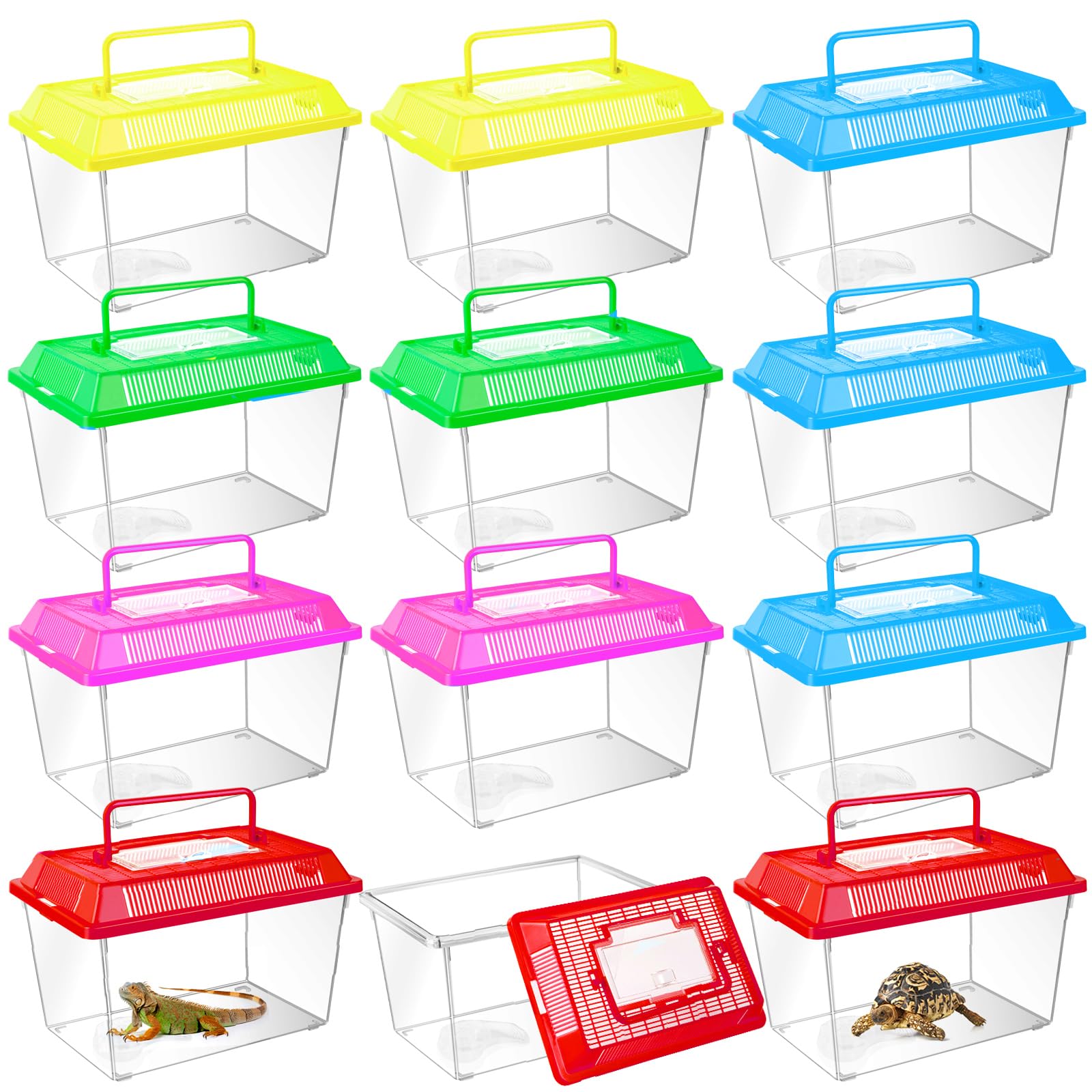 Photo 1 of 12Pcs Plastic Reptile Terrariums Carrier Cage, Tarantula Enclosure Snake Breeding Box Hatching Container Transparent Fish Tank Turtle Aquarium with Random Color Lid for Lizards, L(8.7" x 5.5" x 5.9")