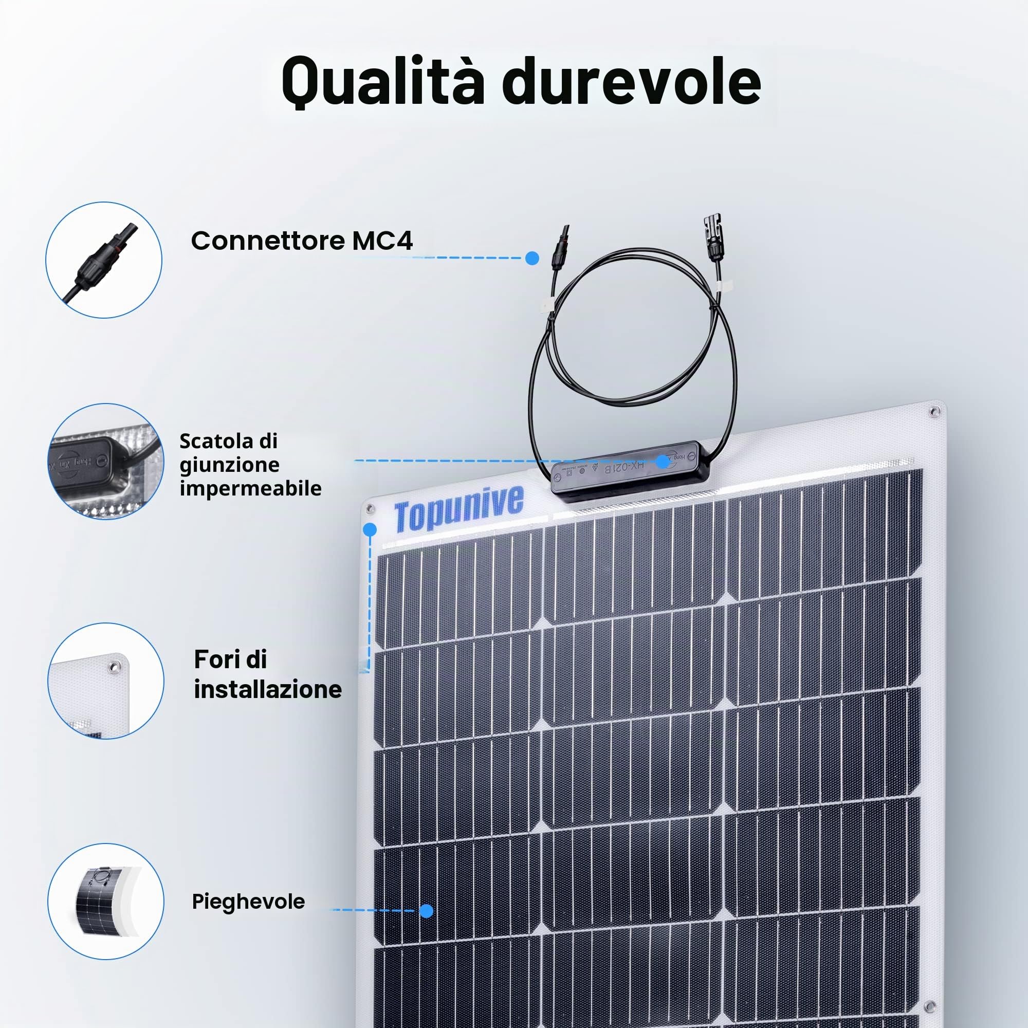 Set di 2 pannelli solari flessibili monocristallini 100 W 12 V per batterie roulotte, camper, barca, yacht, marino