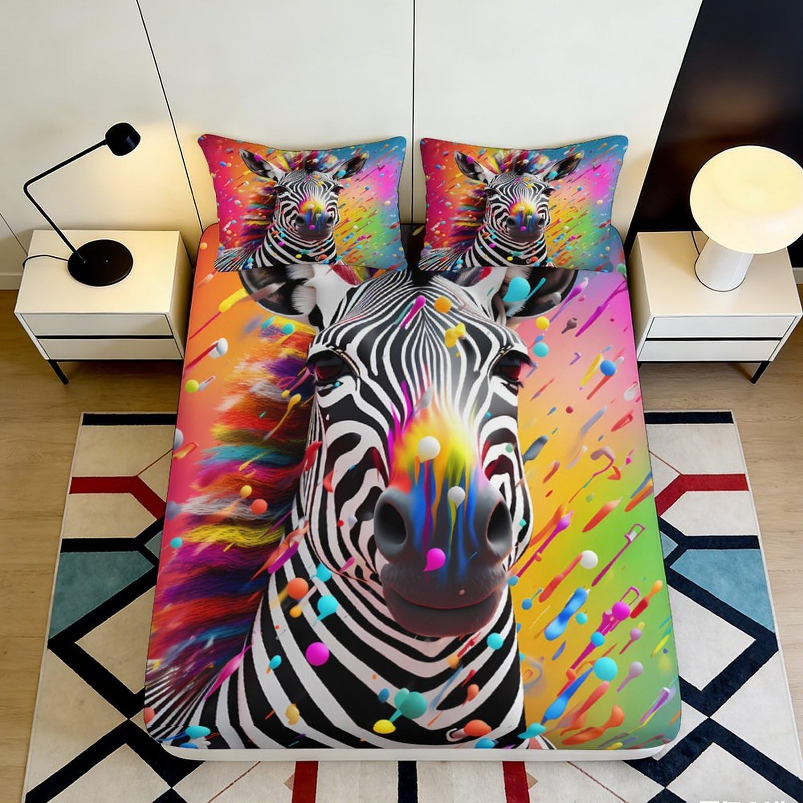 Pnayamiorkfel Style-10 3D Printed Colorful Zebra Fitted Sheet Microfiber Soft Vibrant Rainbow Animal Bed Cover For Bedroom Dorm Decor 90X200x25cm