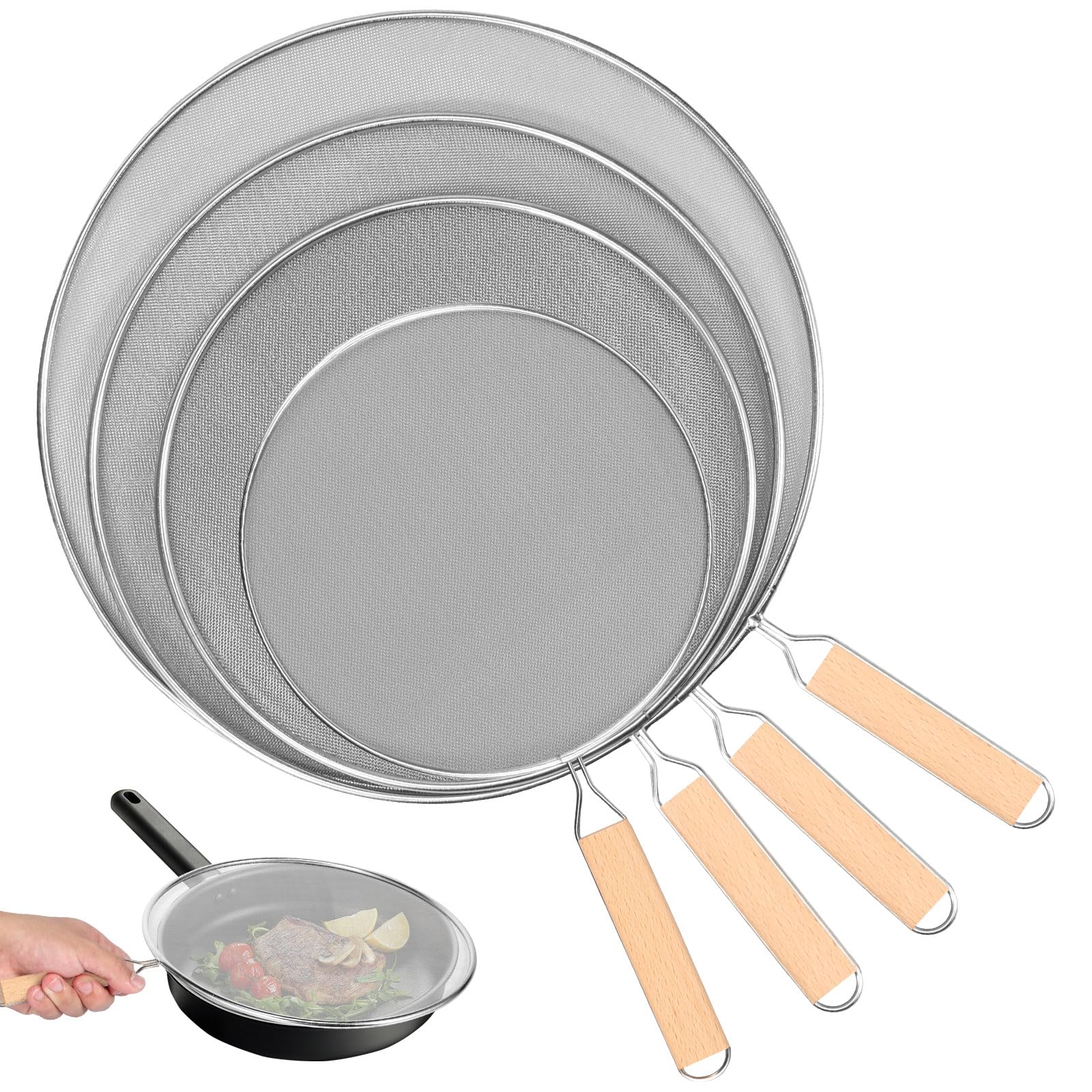 4Pcs Stainless Steel Splatter Screen for frying pan Splatter Guard, Grease Mesh Splash Guard with Handle, Splash Proof Scald Oil Proof Strainer Cover(21cm/25cm/29cm/33cm)