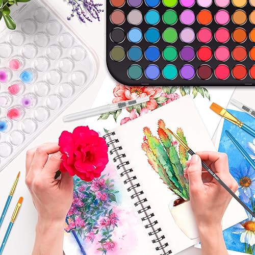 Miniatura 6 de Juego de pintura de acuarela, kit de pintura de acuarelas de 48 colores, colores de agua lavables con 10 pinceles, pincel, paleta, bloc de dibujo,
