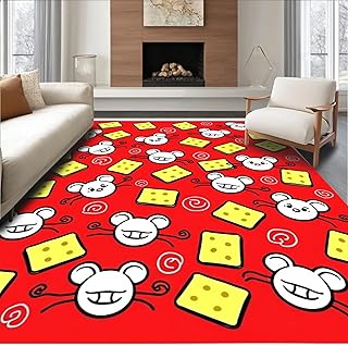 Ultra Soft Area Rug 5x7, Playful Animal Friends Doormat with Cheese Graphics, Non Slip, Stain Resistant, Washable Area Rugs for Living Room, Bedroom (Red, 5x7)