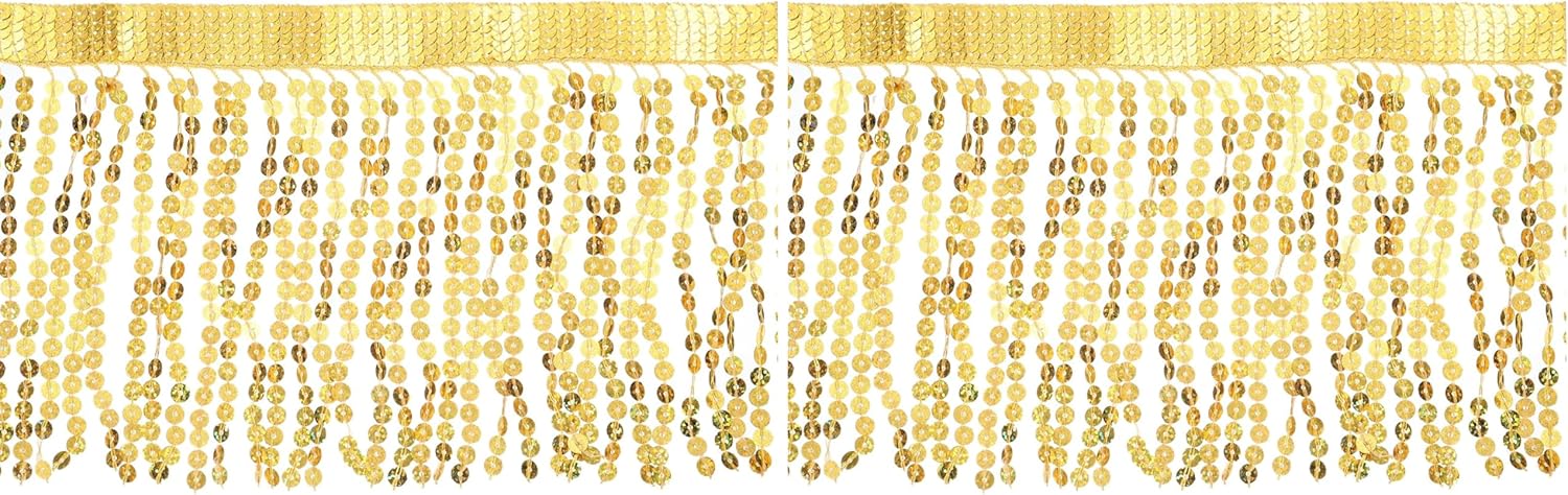 uxcell 5 Yard 6 Inch Sequins Fringe Trim, Sequins Lace Sparkling Fringe Trim Tassel Ribbon for DIY Latin Dance Dress Clothing Sewing Craft Decor (Gold) (Pack of 2)