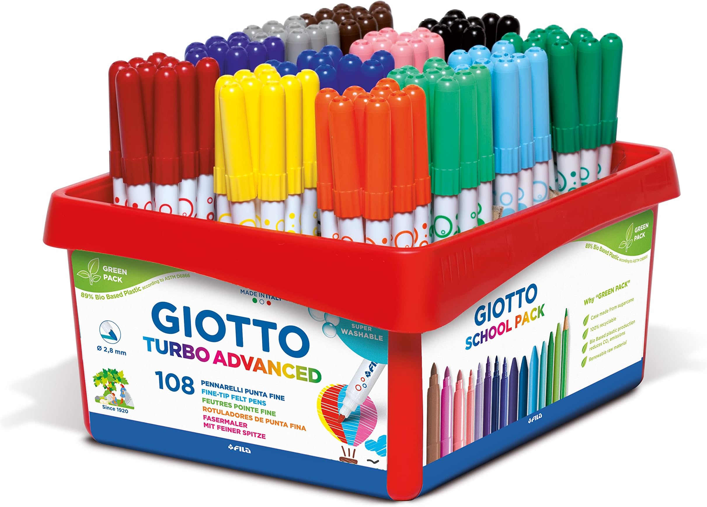 Giotto Turbo Advanced Super Washable Felt Tip Fibre Pens, Fine Tip Nib 2.8mm, School pack, 108 Pieces, 9 x 12 Assorted Colours, Ideal for Children, Parties and Schools
