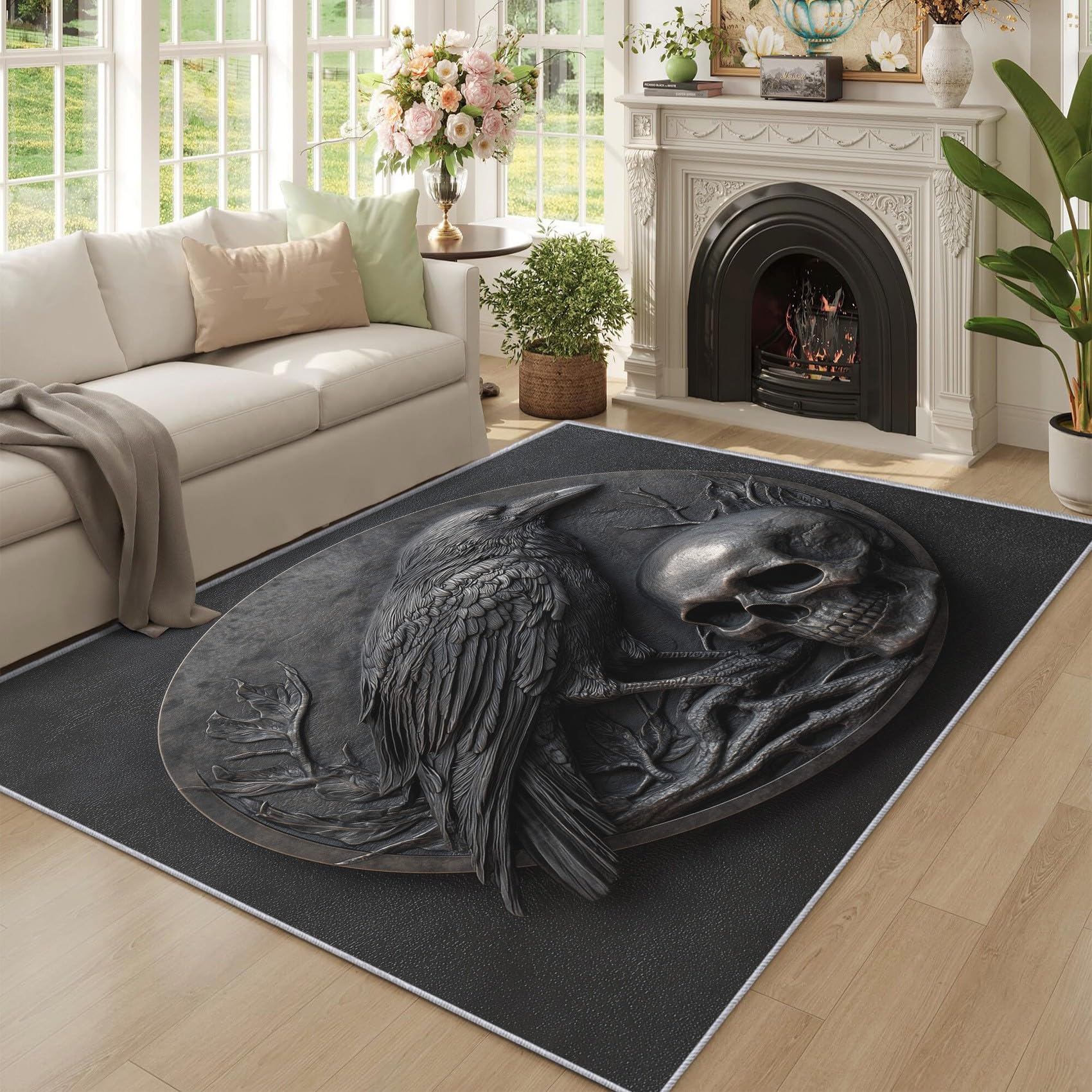 Tapis corbeau squelette pour décoration salon et grande chambre