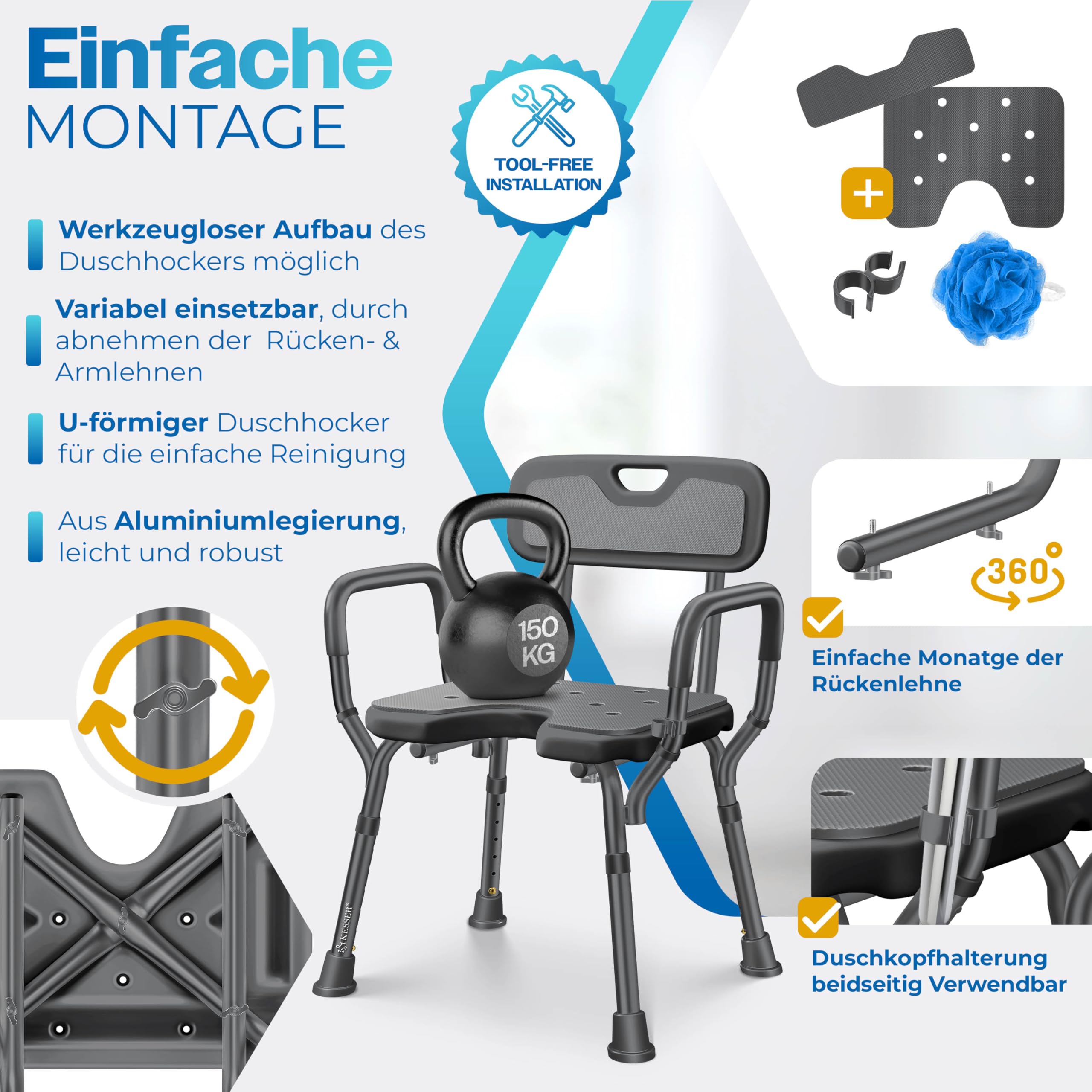 KESSER Taburete de ducha con respaldo para personas mayores y embarazadas, asiento de ducha, 150 kg, soporta 6 niveles, altura regulable 38-54 cm, ayuda para la ducha