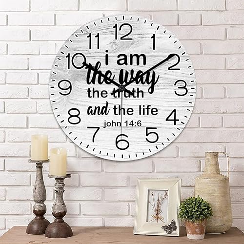 Miniatura 1 de Reloj de pared de madera con texto en inglés "I Am The Way The Way The Truth and The Life" con versículo bíblico John 146, relojes colgantes con