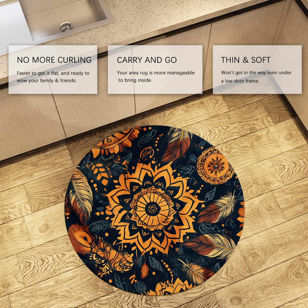 Waschbarer runder Teppich Vintage Ethnic Tribal Blumenfedermuster Kreis Teppiche für Schlafzimmer Weicher Rutschfester Boho-Teppich für Wohnzimmer 80cm