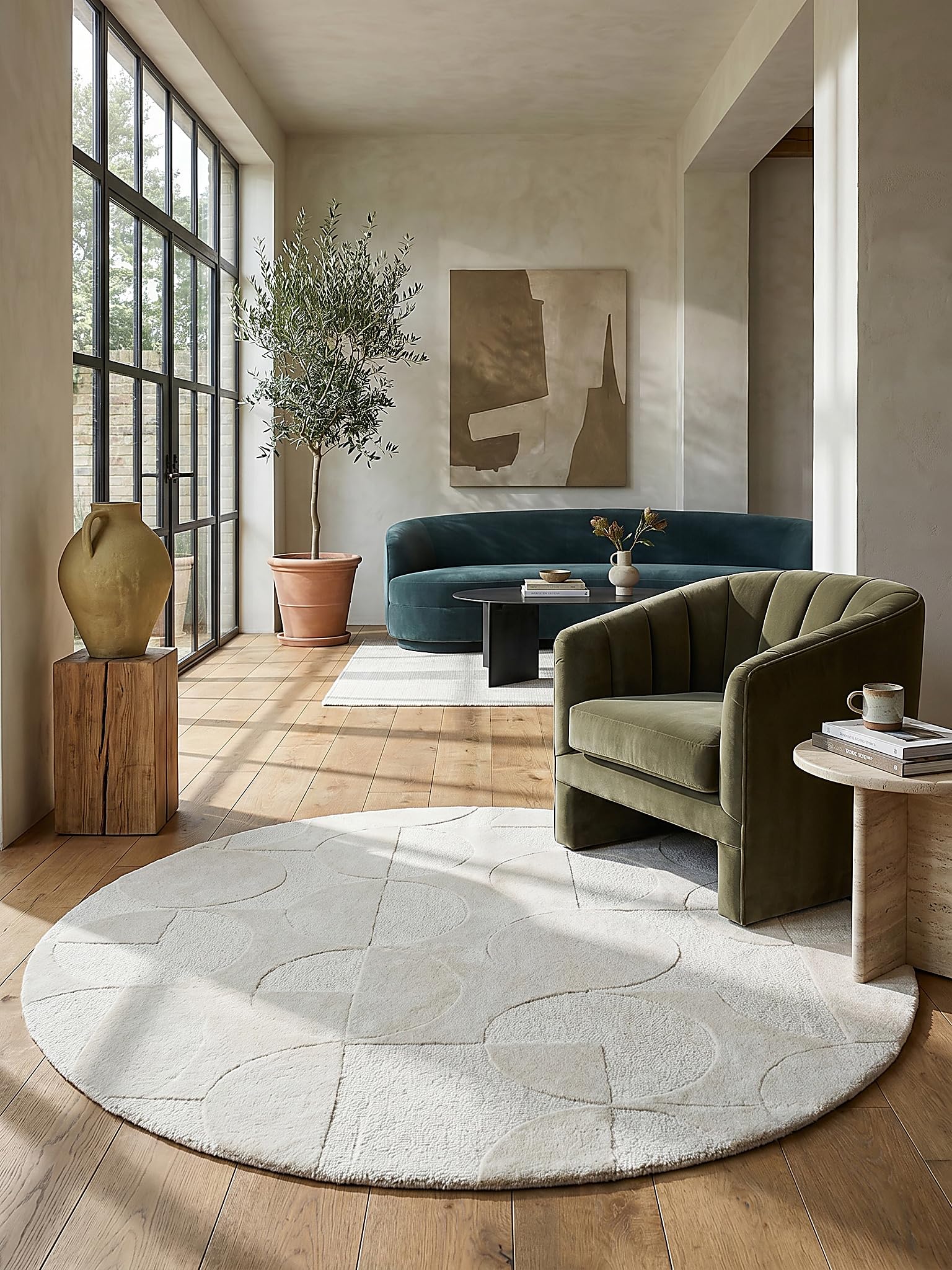 Tapis en Laine Motif Géométrique Dense et Robuste Ivoire Ø 160 cm Rond Salle à Manger | DEBEN