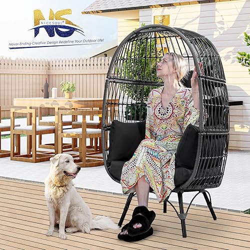 Miniatura 4 de NICESOUL Silla estacionaria de huevo para patio con cojines gruesos, para interiores y exteriores, silla de mimbre más grande con cesta de huevos de