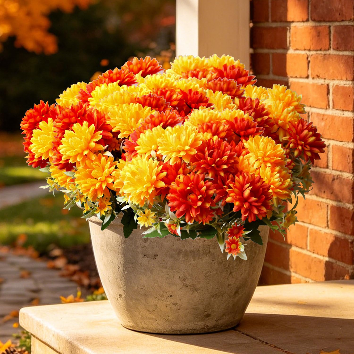 Artificial Autumn Flowers for Outdoors Faux Mums Burnt Orange Yellow Marigold Outside, UV Resistant 6PCS 30 Fall Fake Silk Chrysanthemums for Porch Pots Patio Garden Vase Halloween Thanksgiving Decor