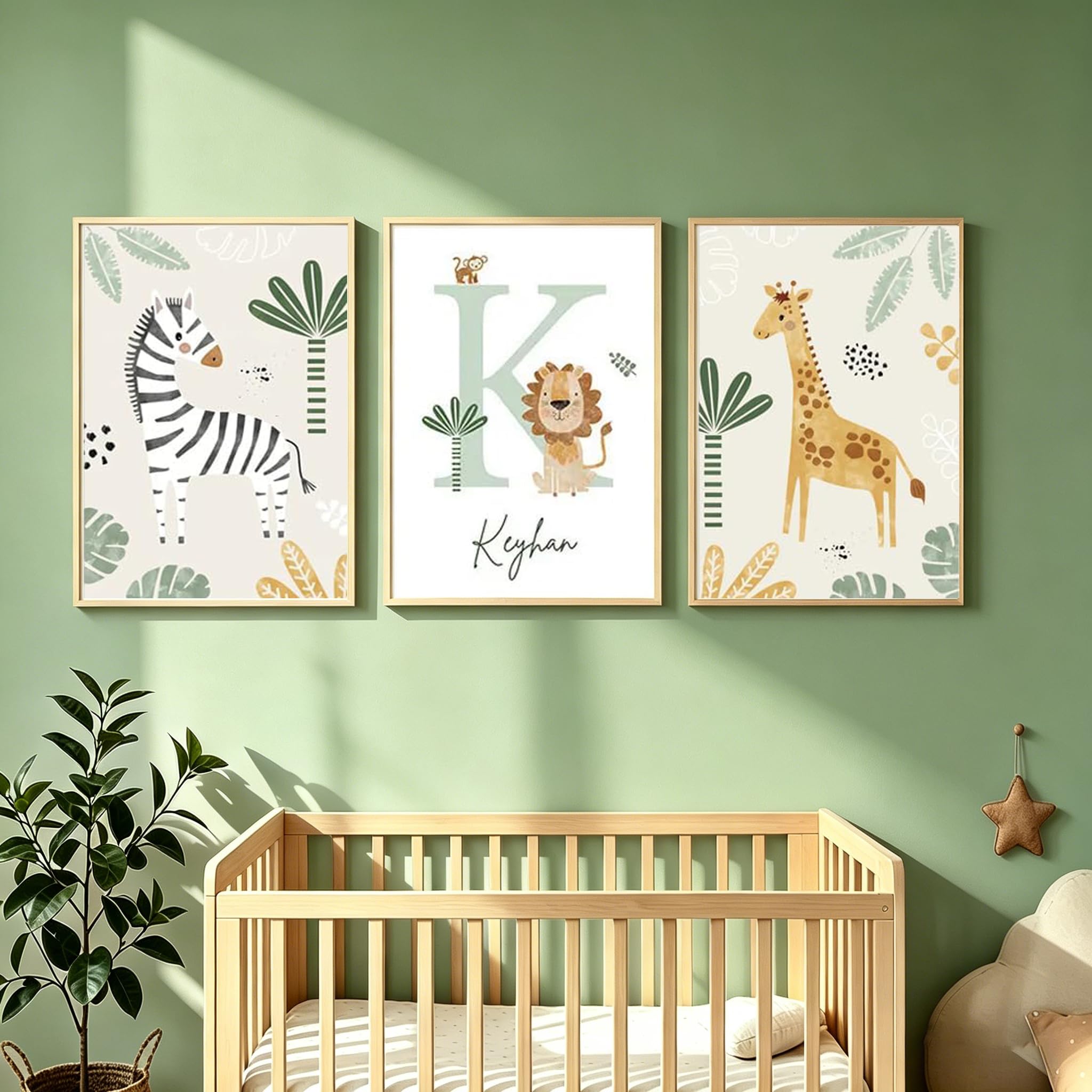 3 Quadri Giungla Bambini 30 x 40 Quadretti Personalizzati Bimba Poster Cameretta Neonato con Iniziale Nome Beige Verde Boho Stampe per Cameretta Ragazzi Zebra Giraffa Quadro Tela Senza Cornice
