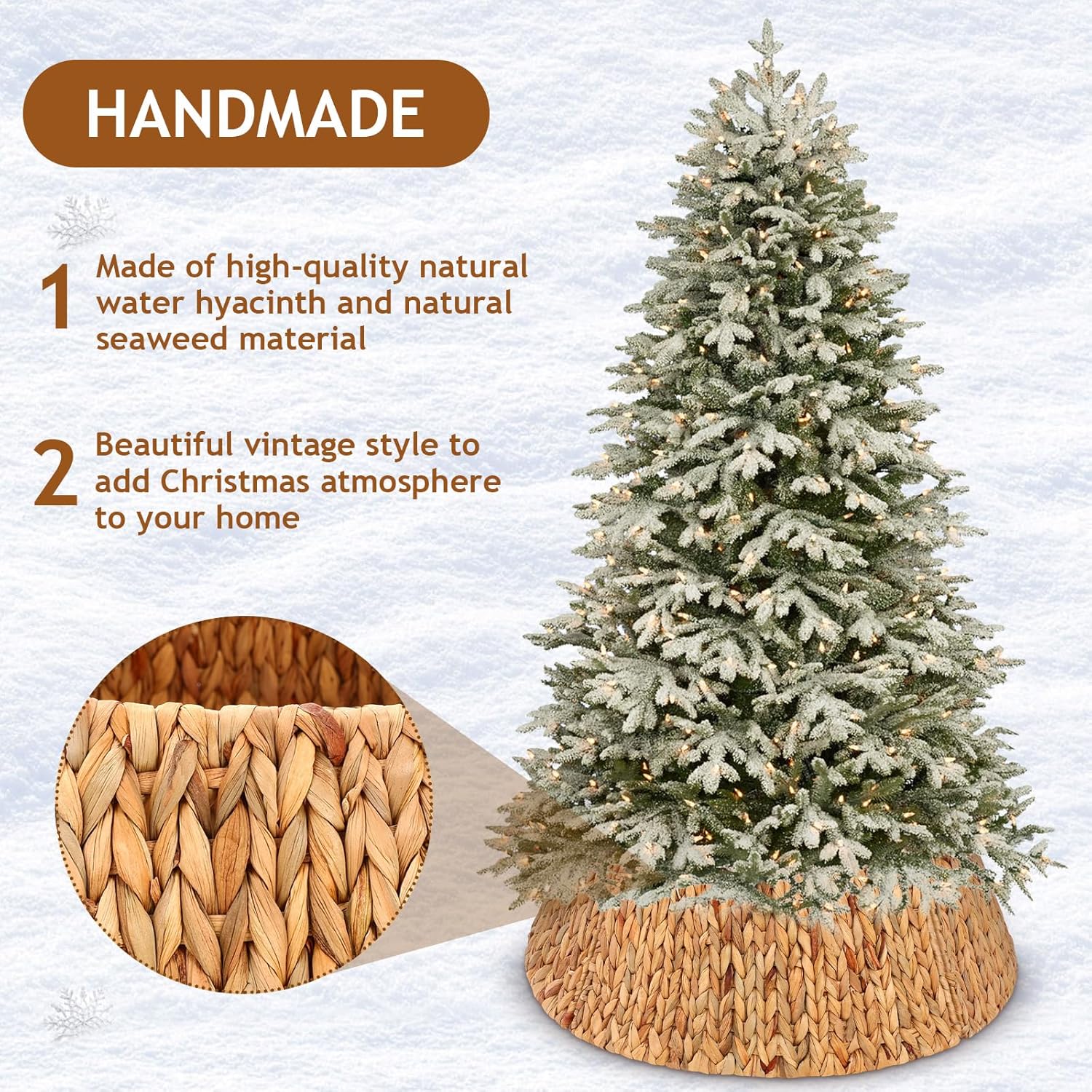 Liliful 24 Inch Christmas Tree Collar Large Woven Farmhouse Christmas Tree Ring Basket Rustic Xmas Trees Skirts Stand Base Cover, Natural Water Hyacinth Handmade Basket Skirt for Holiday Decorations
