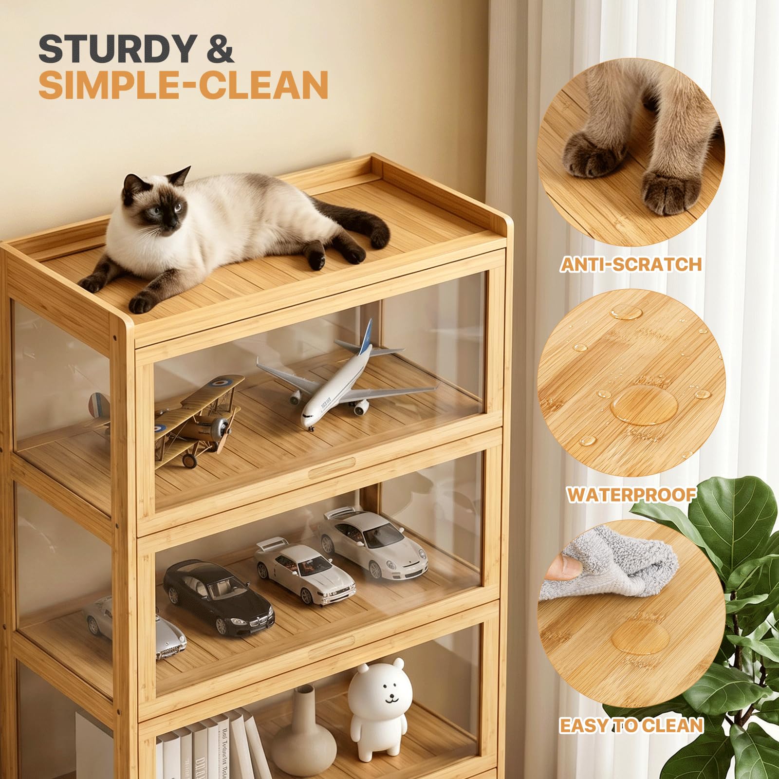 Magshion Vitrina de acrílico de 4 niveles con puerta, estante transparente de pie, estantería de exhibición de 27.5 pulgadas de largo x 13.5 pulgadas de ancho x 55 pulgadas de alto, color natural