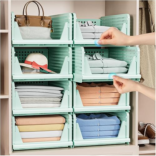 5 Pack Folding Closet Organizers Storage Box, Stackable Plastic Storage Basket, Closet Organizers and Storage Drawer Shelf Storage, Storage Container for Cupboard Kitchen Bathroom, Green