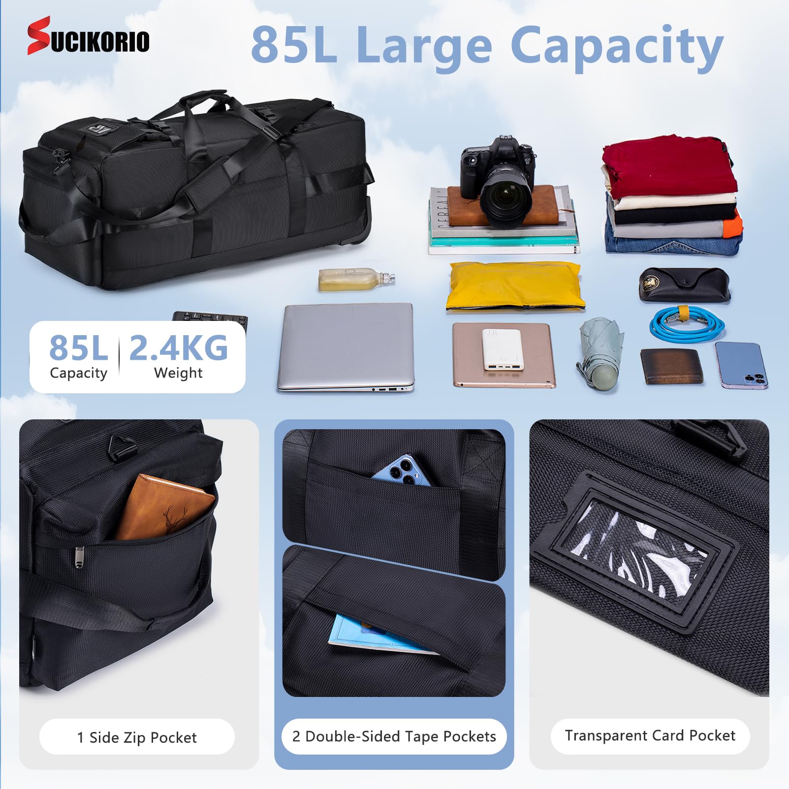 Torba Podróżna Na Kółkach Duża 85L 3 W 1 Torba Podręczna Z Zamkiem Szyfrowym 3-cyfrowym 78x33x32cm Wodoodporny Plecak Podróżny Oxford 2 Rolls Plecak Walizka Z Uchwytami Do Przenoszenia