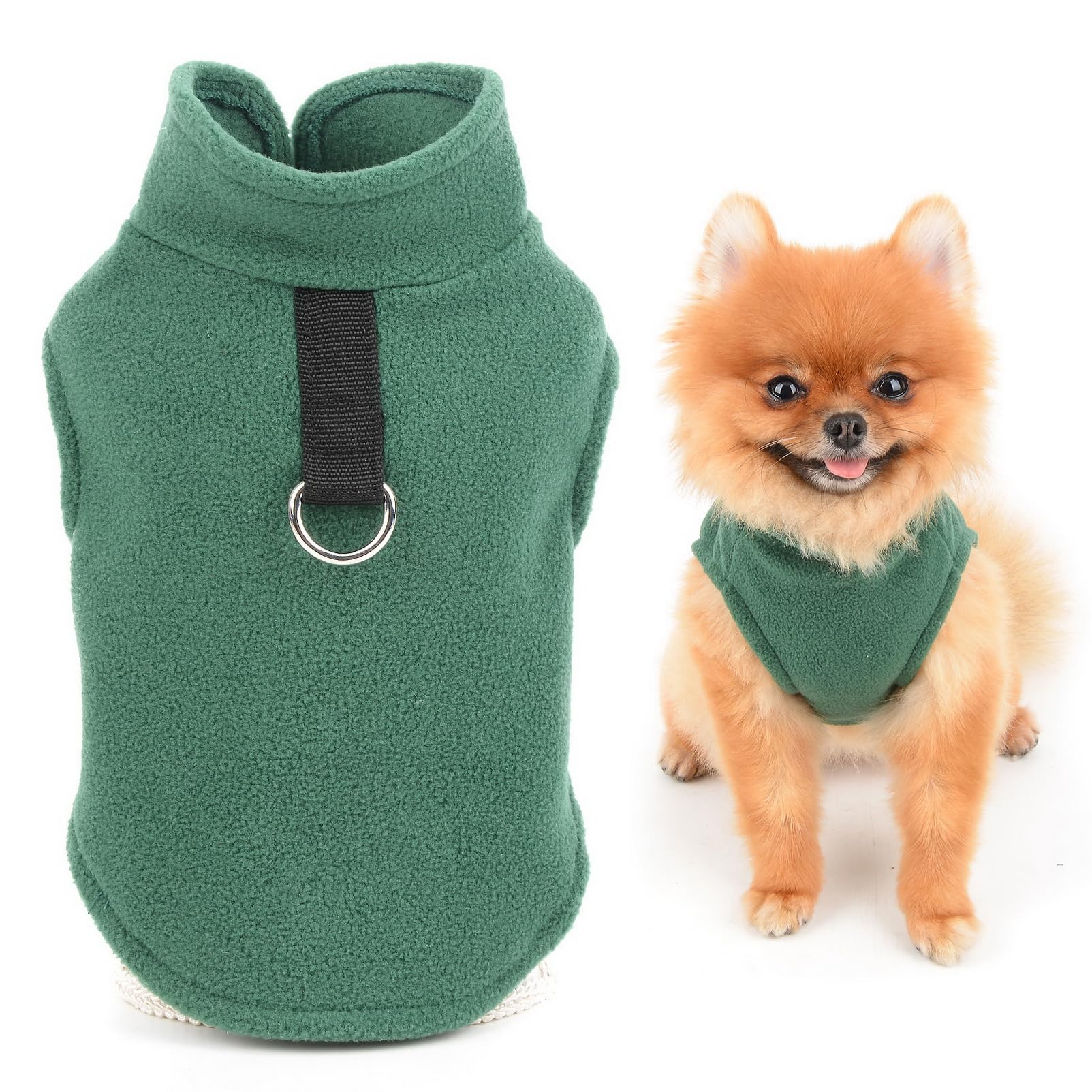 SMALLLEE_LUCKY_STORE Solid Color Puppy Fleece Vest Jumper Pullover Sweater with Leash Ring for Small Dog Cat Yorkie Chihuahua Kitten Warm Fall Winter Clothes,Green,M