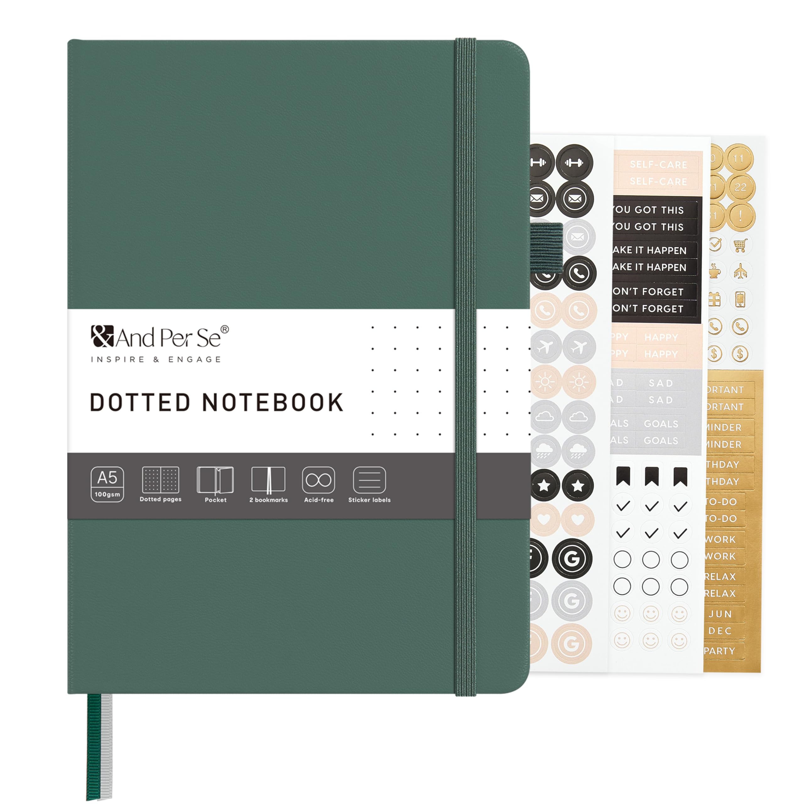 &And Per Se Dotted Journal – A5 Hardcover, Dot Grid Notebook for Planning & Journaling, 160 Pages 100gsm Paper, Stickers - 5.7”x8” (Dark Green)