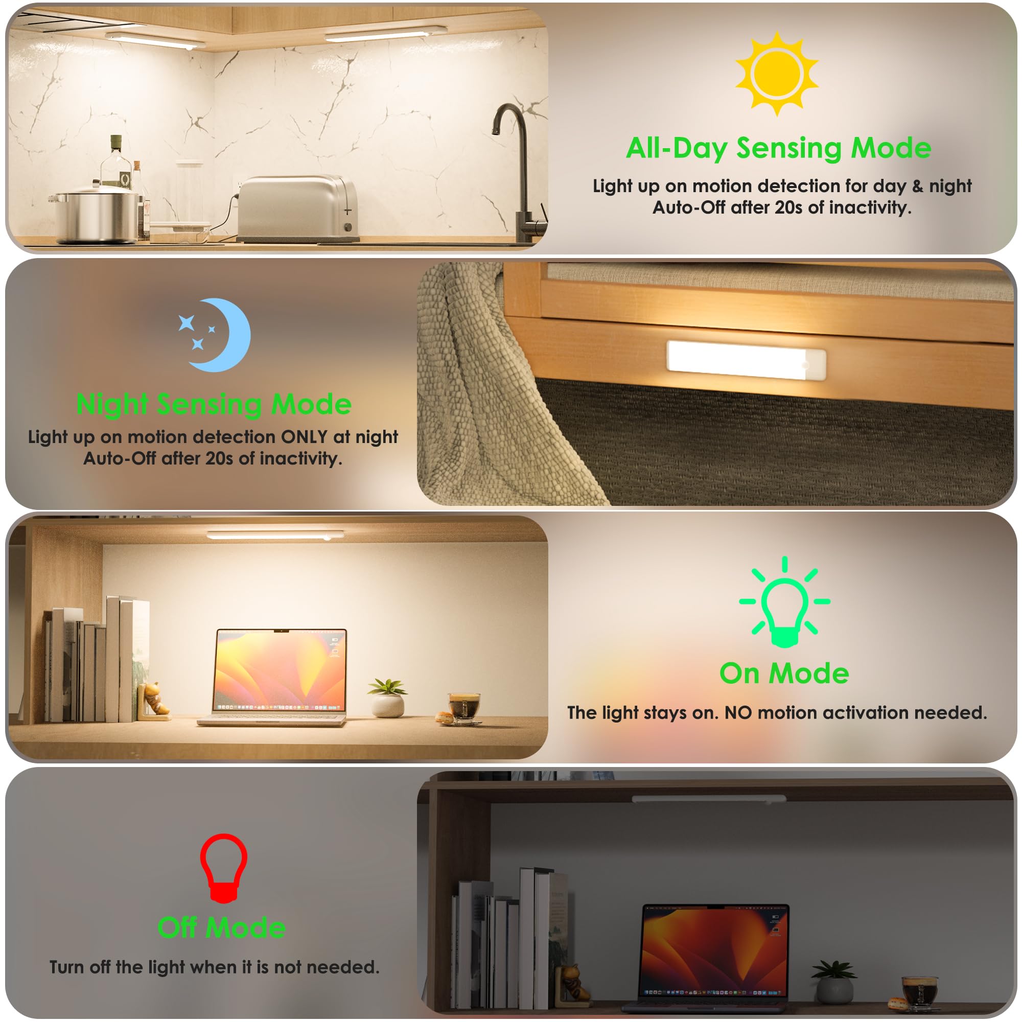 51-LED-Bewegungsmelder-Unterschrankbeleuchtung, 30,5 cm, magnetisch, wiederaufladbar, Unterschrank-Lichter, kabellose Lichtleiste, 3 Stück, Neutralweiß