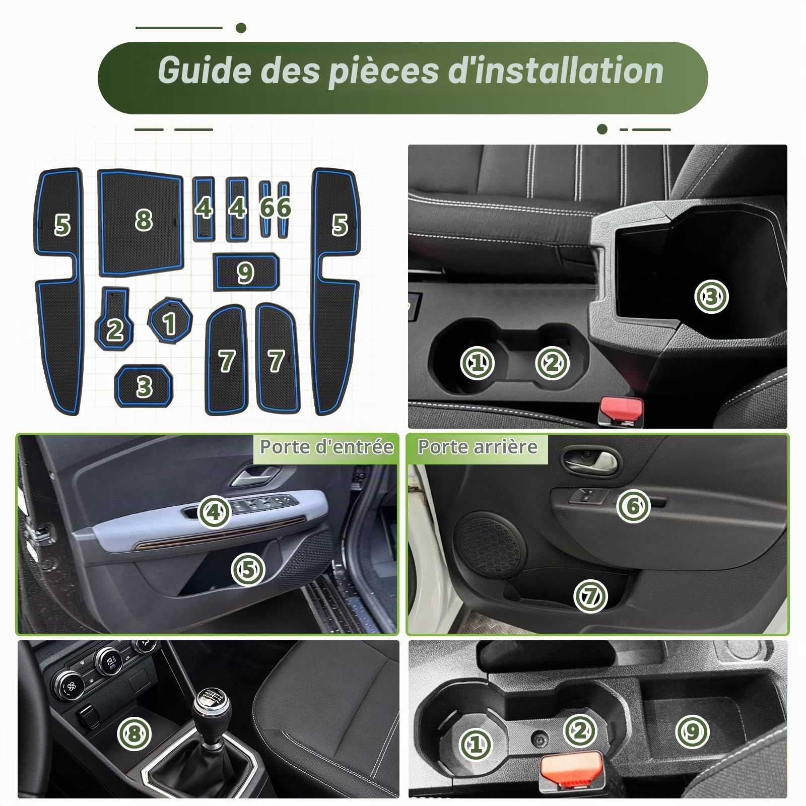 Compatible avec 2021-2025 Dacia Sandero III & Dacia Sandero Stepway III Tapis Antidérapants pour Sandero 3 Tapis en Caoutchouc pour Console Centrale, Porte Verres, Rainure de Porte (Bleu)