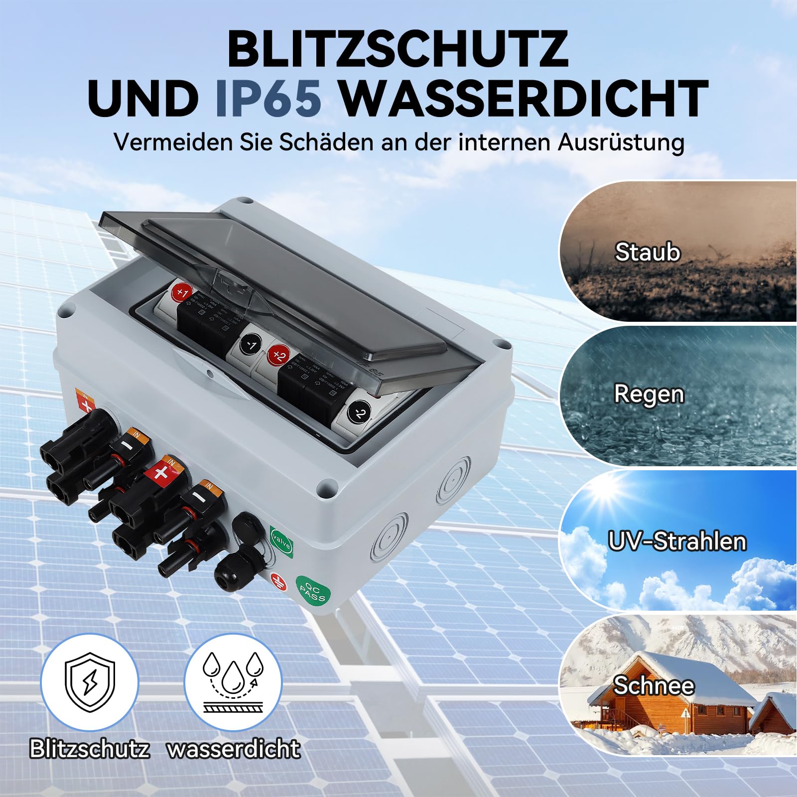 Solar PV Anschlusskasten Überspannungsschutz, 1000V 2-string 32A 2 in 2 out Solar Photovoltaik Combiner Box, IP65 Wasserdichtem Kunststoff- Verteilerkasten for den Außenbereich Sicherungsautomat