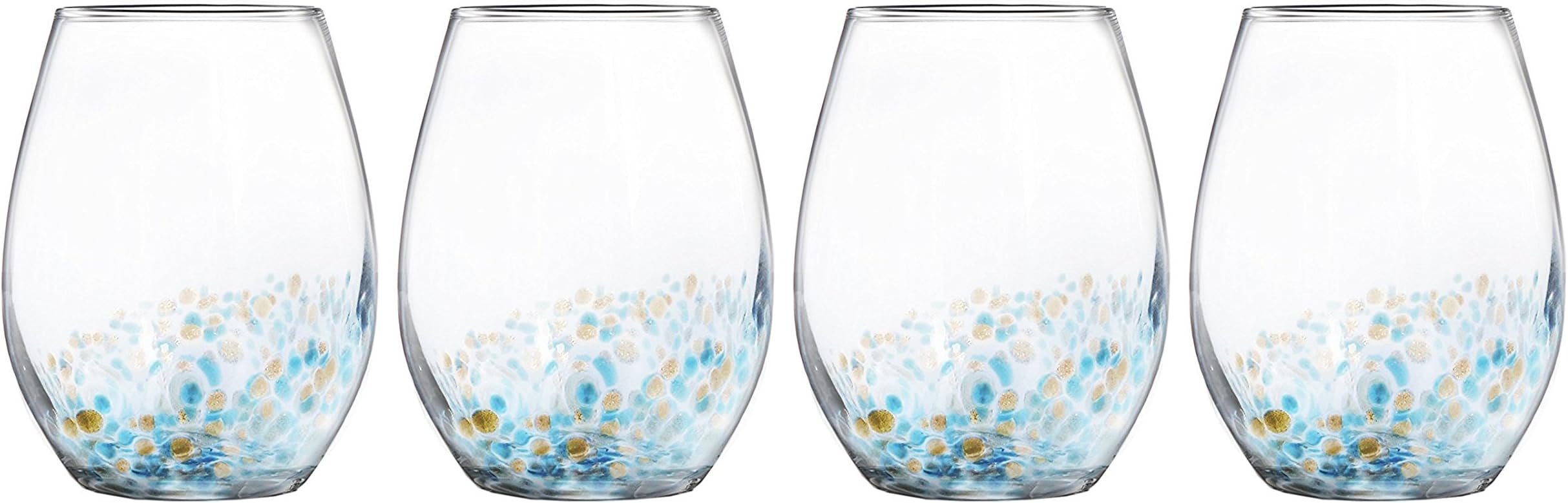 Trinkware Callie Set of 4 Stemless Goblets - Crystal Clear Glass With Beautiful Gold And Blue Speckle - Elegant Glassware And Stemware