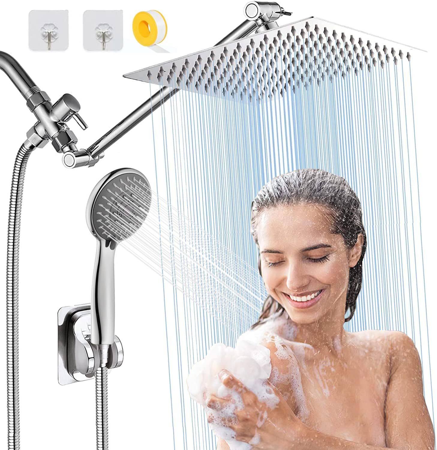 10'' Rain High Pressure Shower Head with 5 Settings Handheld Showerhead