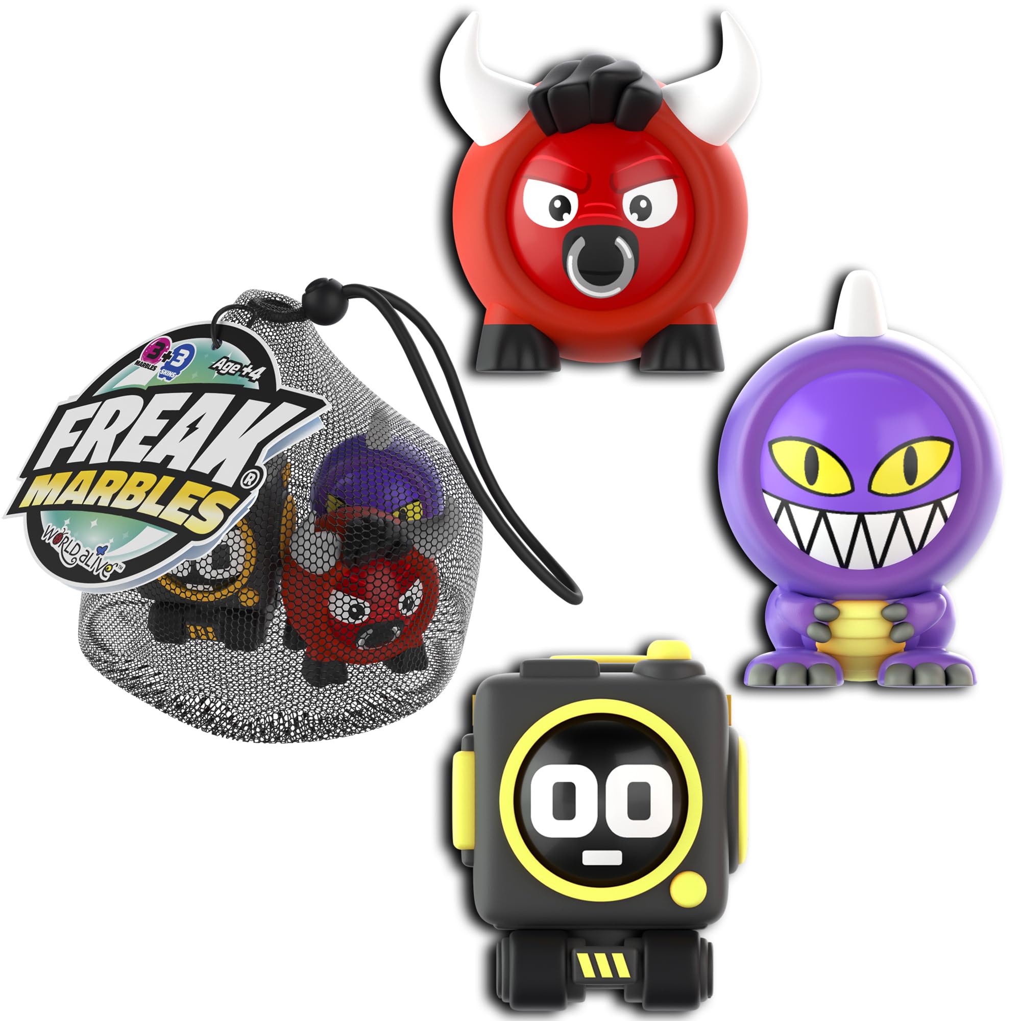 Freak Marbles Bolsa de malla con cordón | Colecciona, Juega y Comparte | Contiene 3 canicas y 3 skins