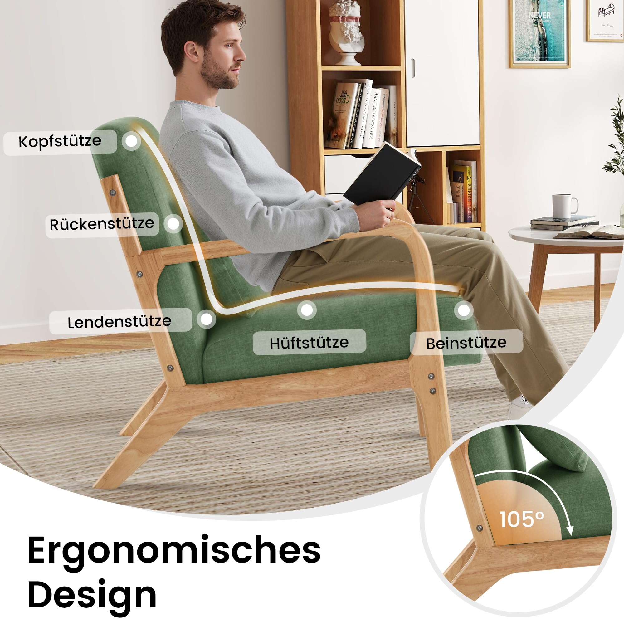 Lounge-Sessel, Akzentstuhl mit Kissen, Polstersessel mit Holzrahmen & Armlehnen, Moderner Lesesessel für Wohnzimmer, Schlafzimmer, Leseecke & Büro (81.5 x 63.5 x 74.5 cm, Grün)