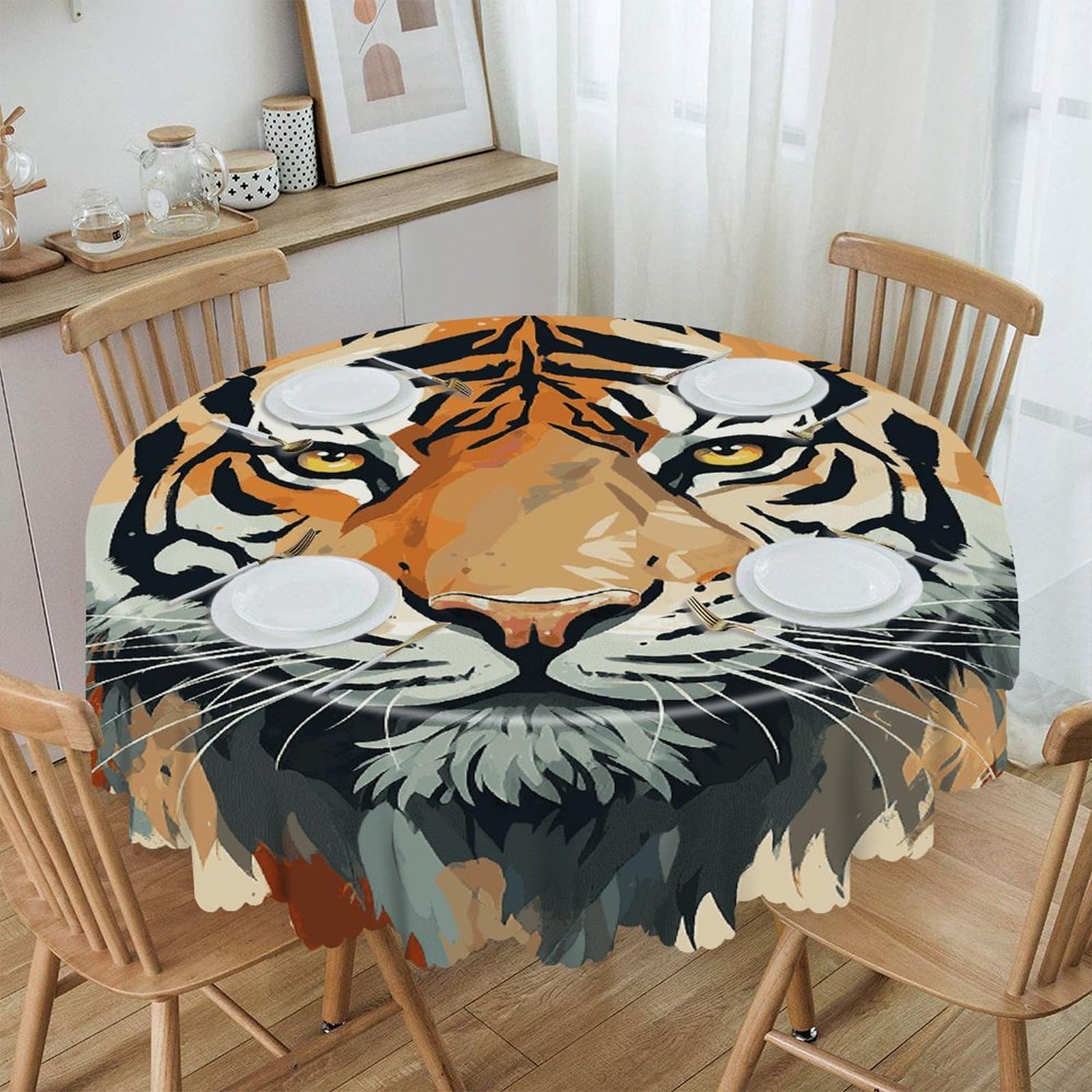 Btcowzrv Style Hand Drawn Tiger Polyester Round Tablecloth 59.84 Inch, Decorative Washable Table Cover, Table Cloth For Restaurant Picnic Indoor And Outdoor Dining