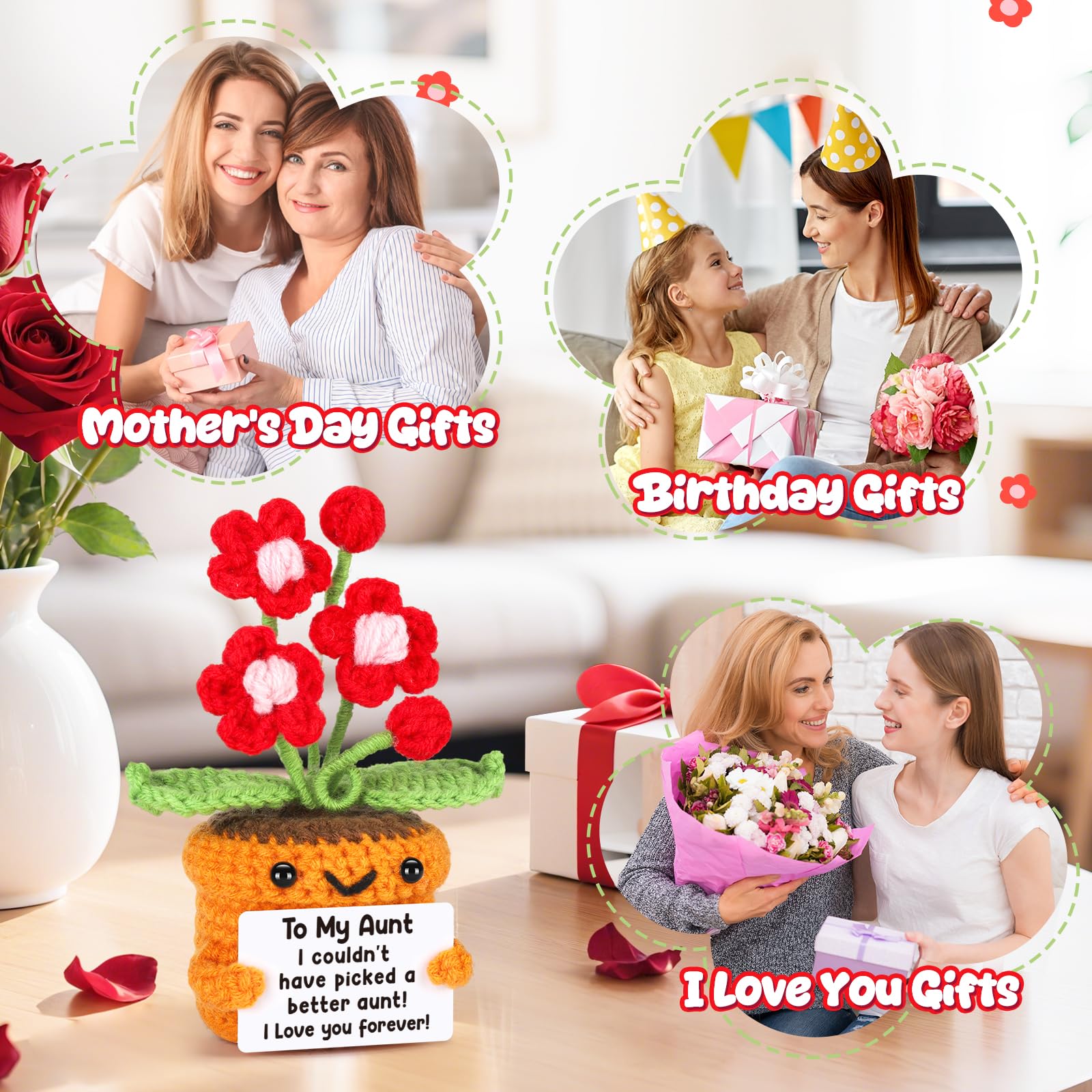 Agantree art Aunt Auntie Birthday Gifts from Niece Nephew, Best Auntie Ever Cool Aunt Club Gifts Christmas Handmade Crochet Flower I Love You Home Desk Decoration Positive Present