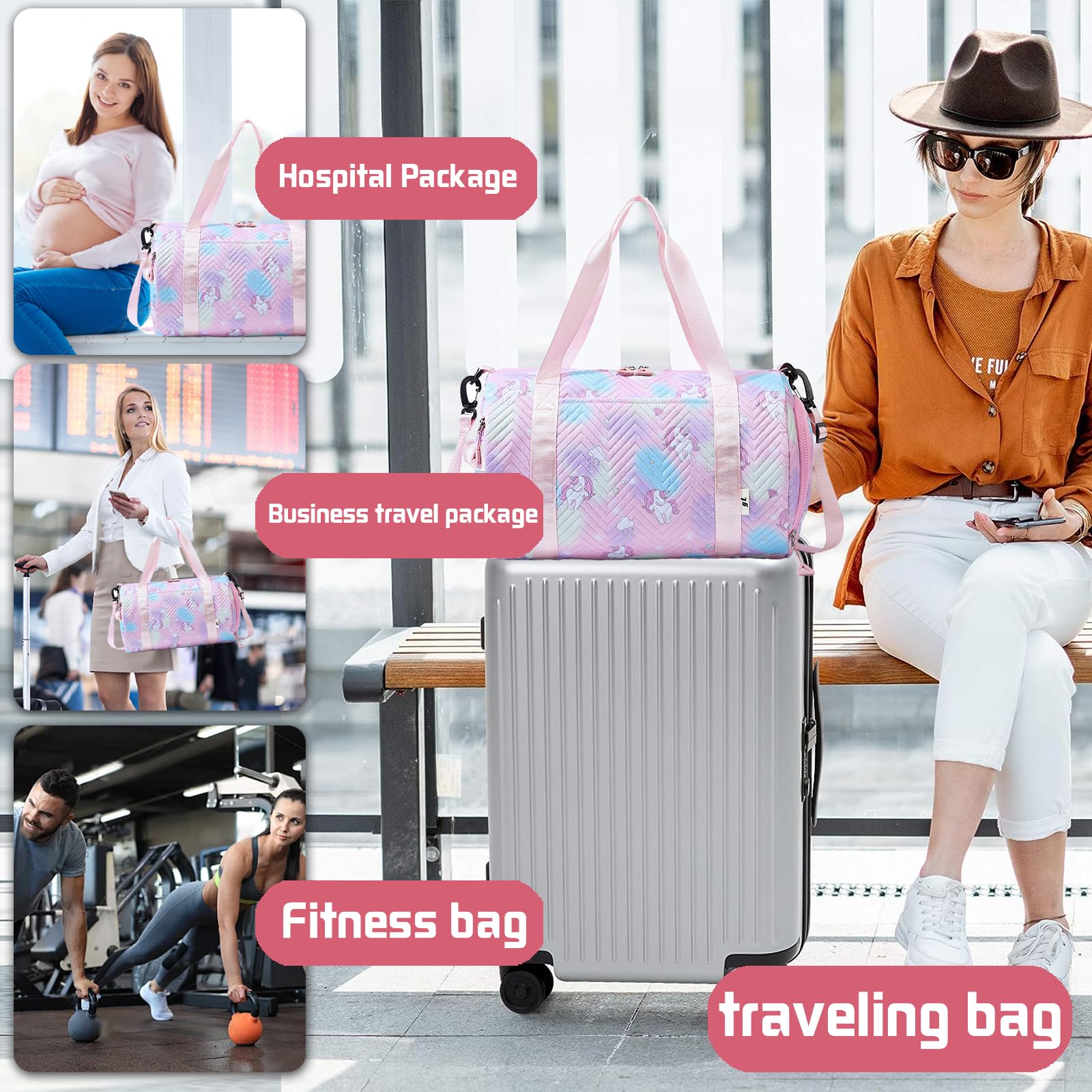 25L Borsa Palestra Unicorno, Borsa da Viaggio Bambina, Impermeabile Borsa Piscina Sportiva, Borsone Viaggio, Travel Weekender Gym Bag Con Scomparto per Donna Scarpe e Strato Umido (Rosa)