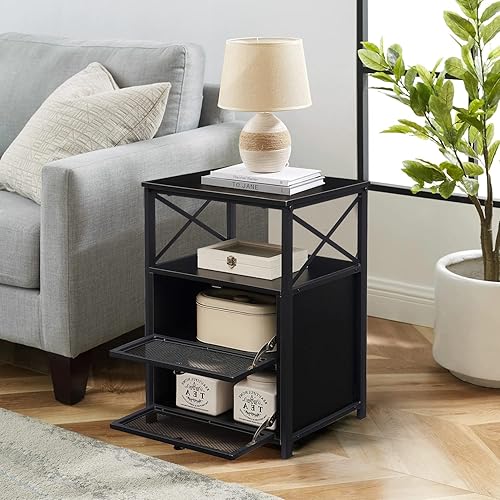 Miniatura 10 de VECELO Mesita de noche, mesa auxiliar con espacio de almacenamiento y puerta, mesitas de noche modernas para sala de estar, dormitorio, mármol