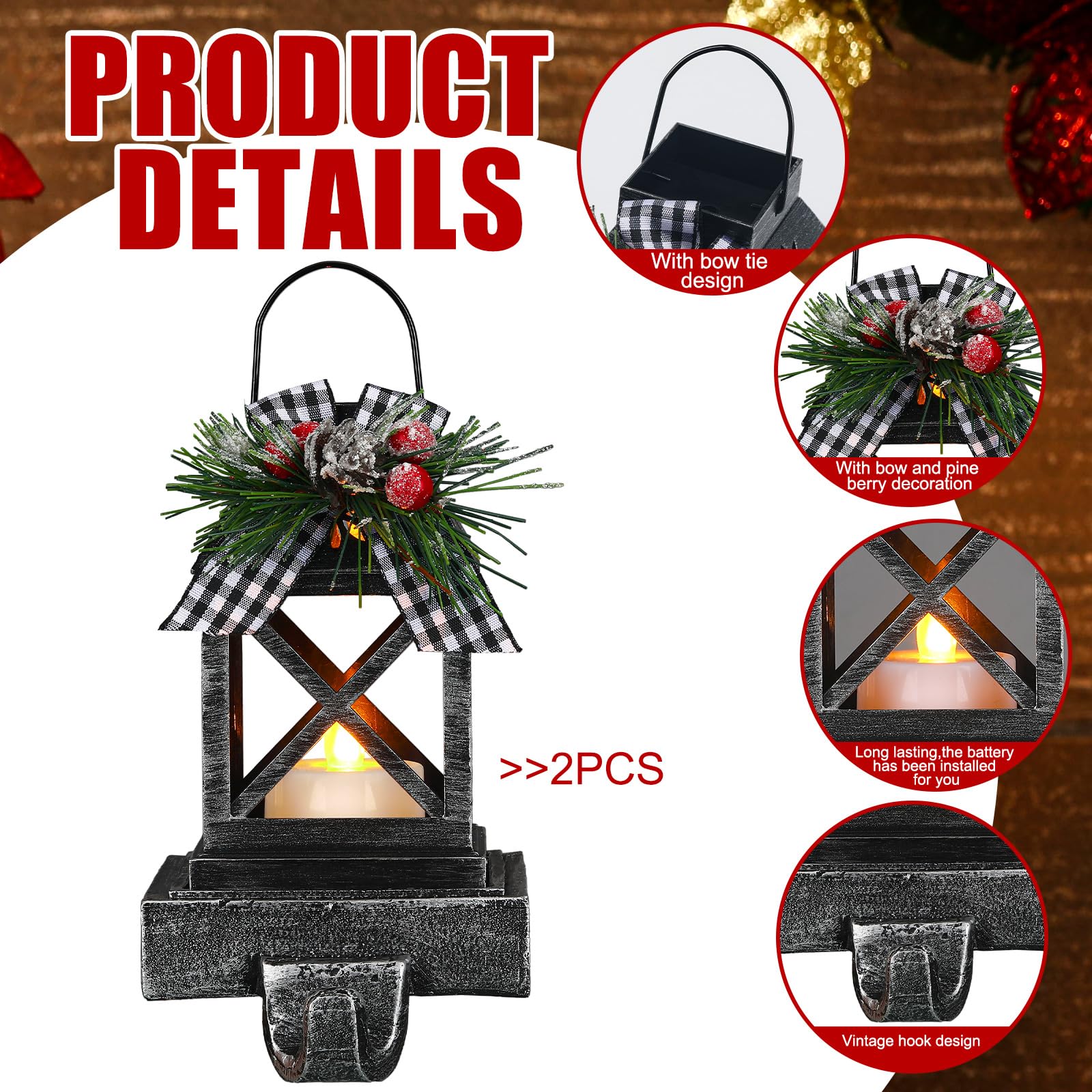 Therwen 2 soportes para calcetines de Navidad, farol, ganchos de Navidad para mantel, ganchos de Navidad, soportes decorativos retro para decoración del hogar, interiores y exteriores (clásico, negro)