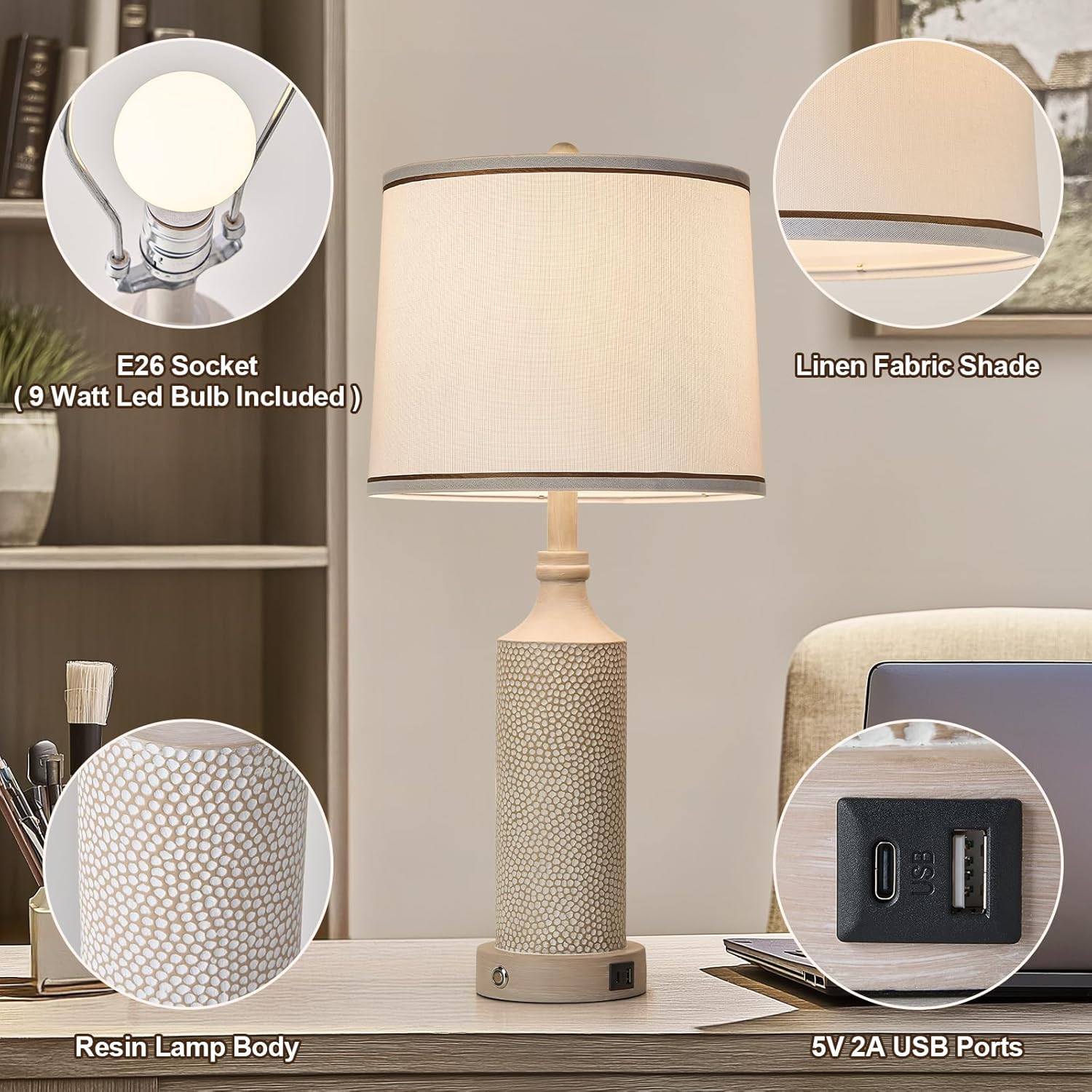 AIDENOEY 27.5" H 3-Way Dimmable Touch Control Table Lamp with USB A+C Ports, Vintage Washed White Finish Resin Bedside Farmhouse Table Lamp Set of 2，for Living Room，Bedroom，Office