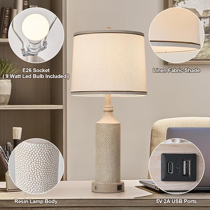 Lámpara de Mesa AIDENOEY 27.5" con Control Táctil y Puertos USB miniatura 5