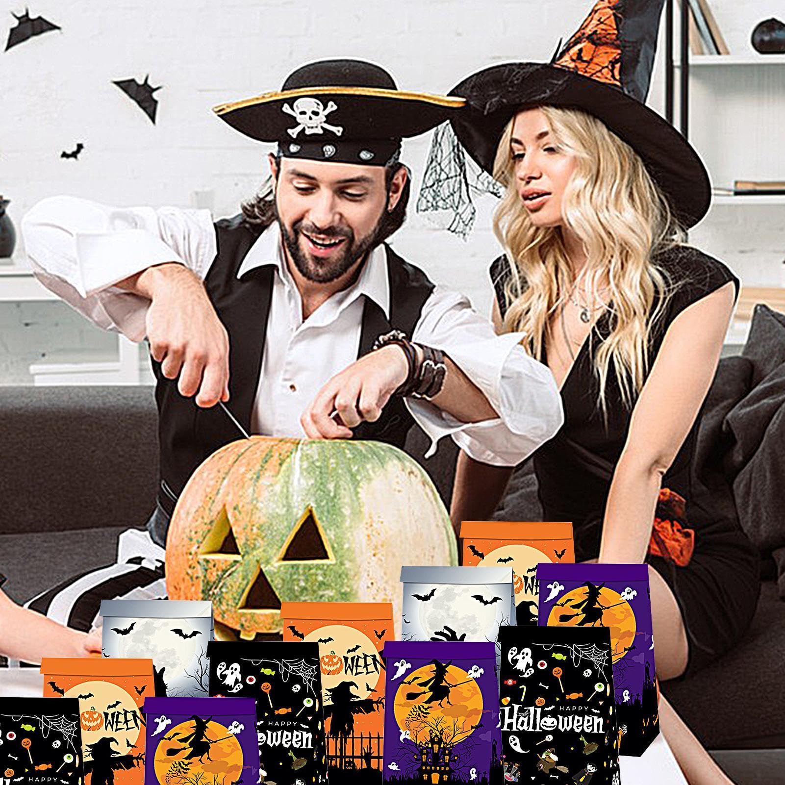 Kit Festa Halloween: 84 Sacchetti Per Dolcetti + 90 Adesivi, Sacchetti Carta 18x9 Cm, Tema Zucche E Fantasmi