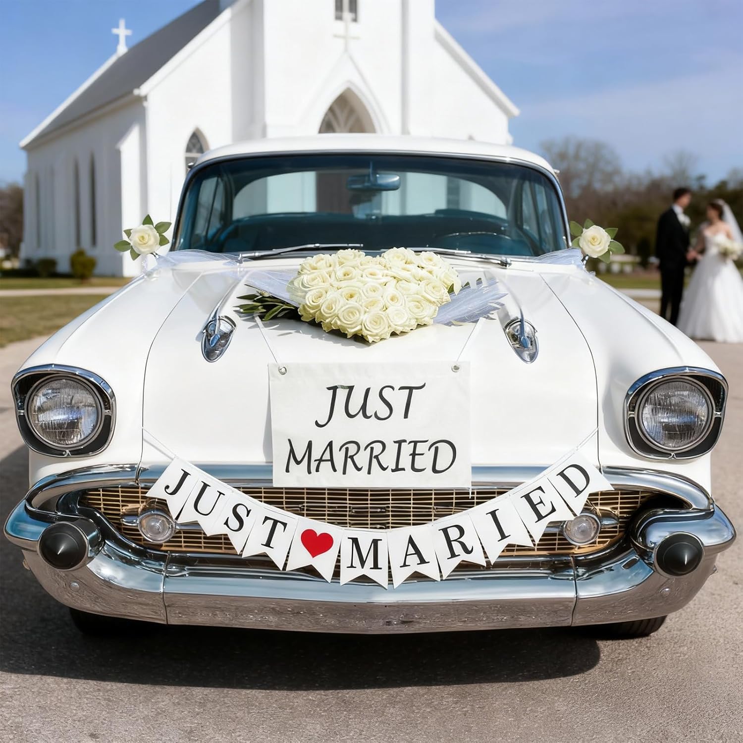Champagne Heart Wedding Car Decoration Set with Just Married Banner, Floral Heart Hood Ornament with Tulle and Suction Cups, Rearview Mirror Flowers, and Fabric Car Plate Sign for Wedding Getaway Car