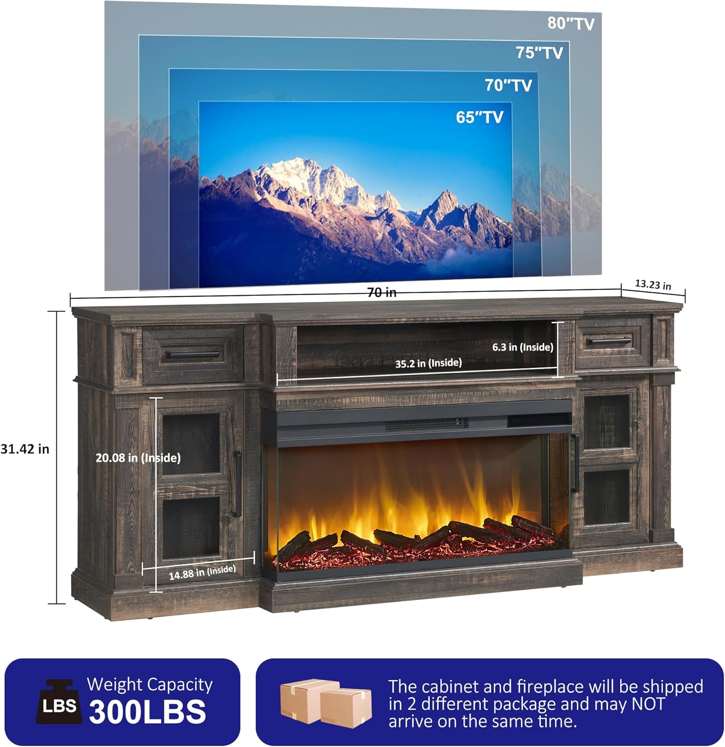 3-Side Fireplace TV Stand for up to 80 Inch TV, LED Entertainment Center with 36 Inch Electric Fireplace, Farmhouse TV Console Table w/Drawers & Cabinets for Living Room, Dark Rustic Oak